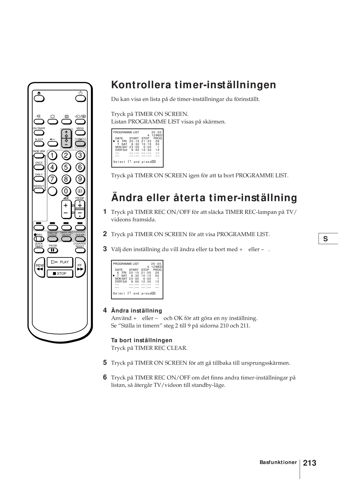 Sony KV-21V4D, KV-V2110D Kontrollera timer-inställningen, Ändra eller återta timer-inställning, 213, Ändra inställning 