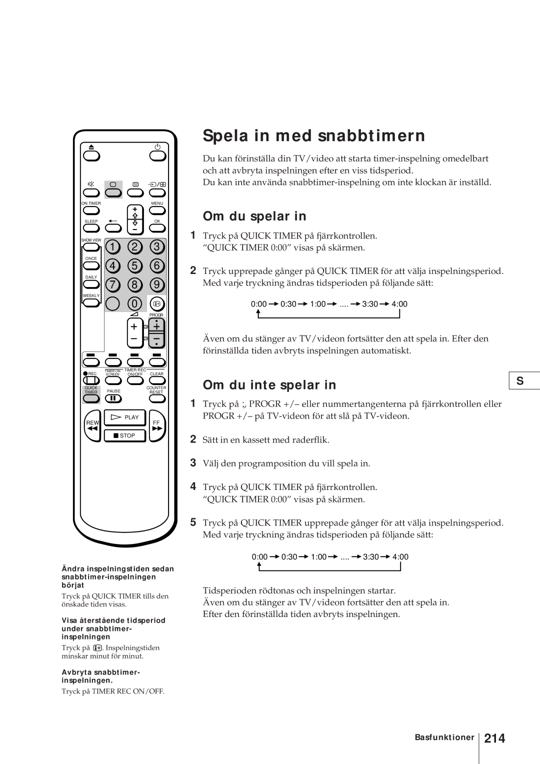 Sony KV-V2110D, KV-21V4D operating instructions Spela in med snabbtimern, Om du spelar, Om du inte spelar, 214 