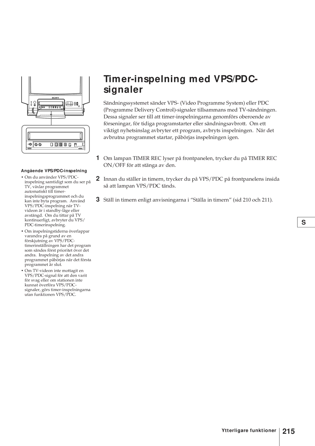 Sony KV-21V4D, KV-V2110D operating instructions Timer-inspelning med VPS/PDC- signaler, 215, Angående VPS/PDC-inspelning 