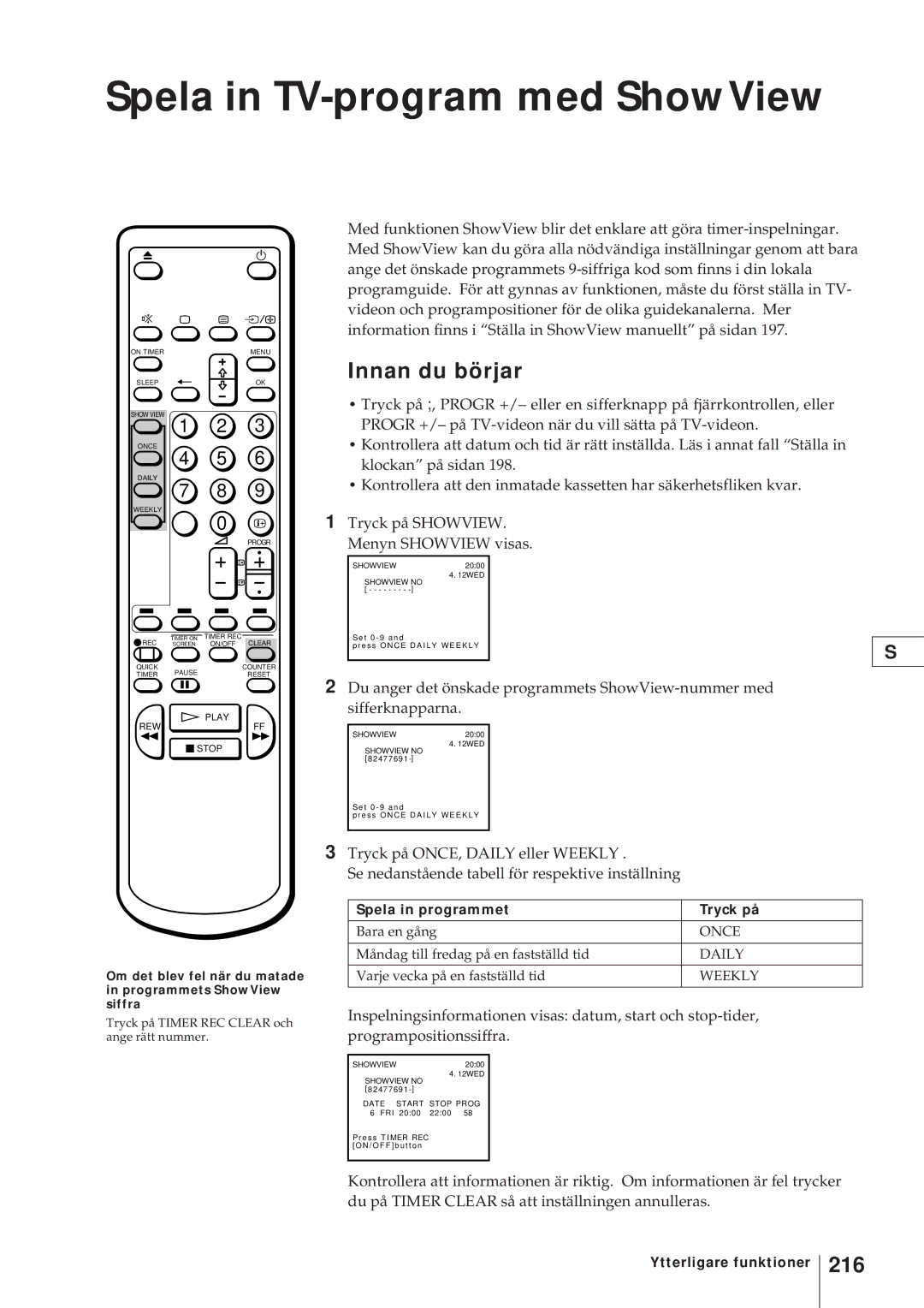 Sony KV-V2110D, KV-21V4D operating instructions Spela in TV-program med ShowView, 216 