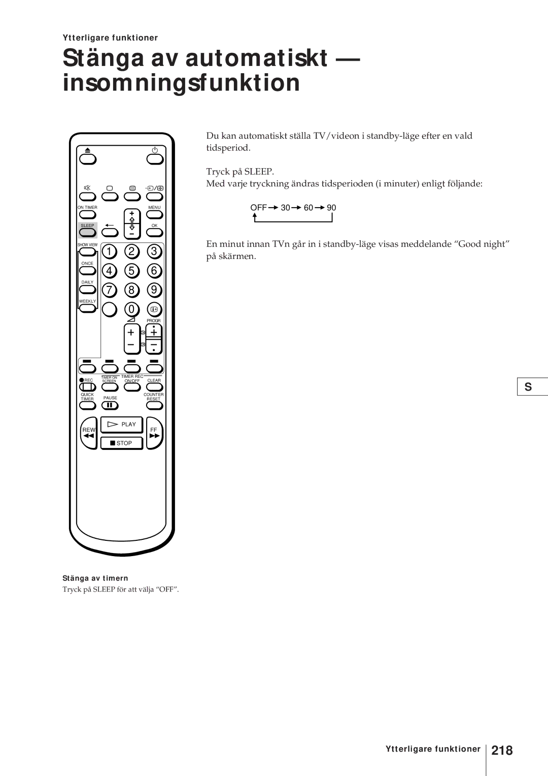 Sony KV-V2110D, KV-21V4D operating instructions Stänga av automatiskt insomningsfunktion, 218, Stänga av timern 