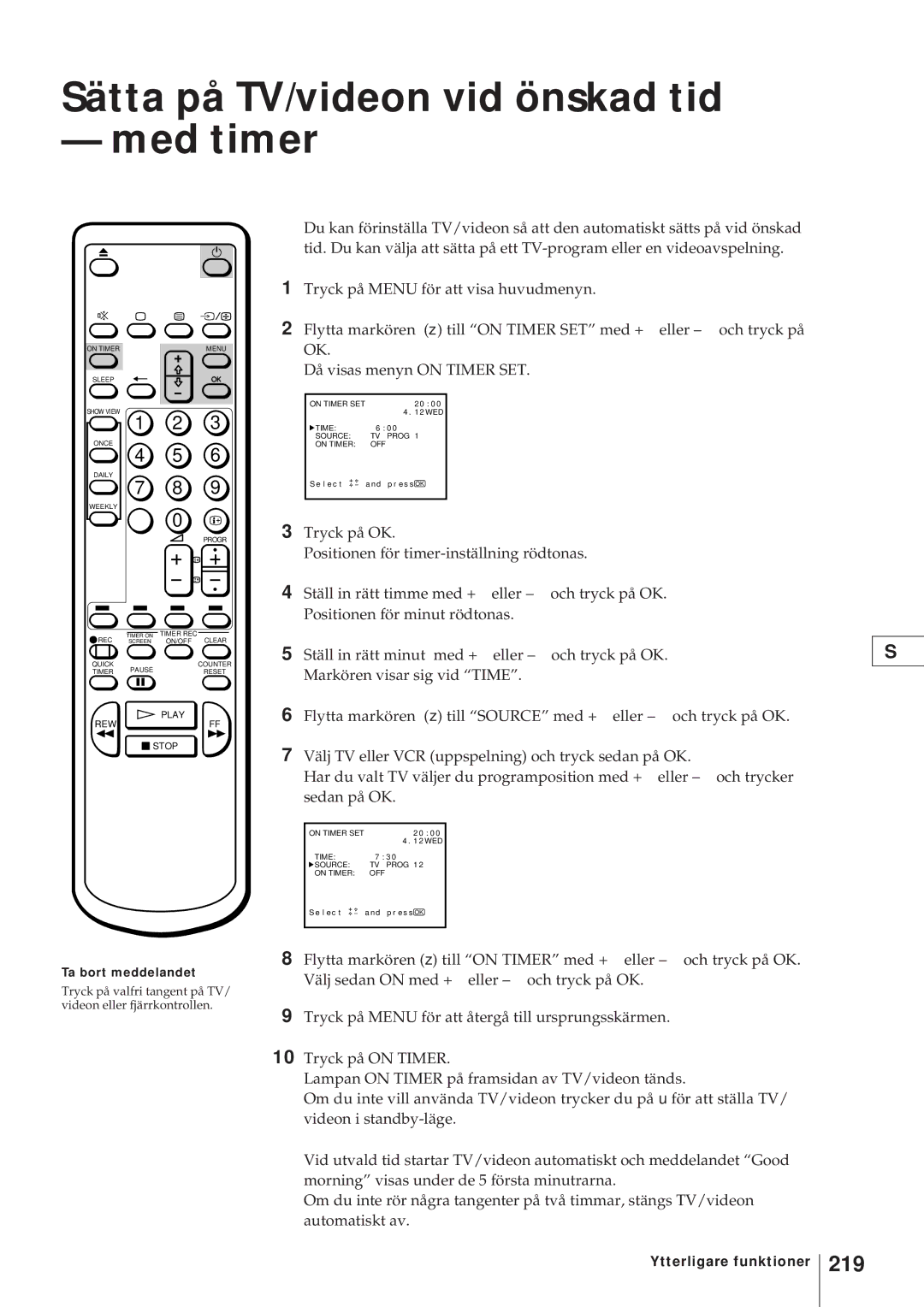 Sony KV-21V4D, KV-V2110D operating instructions Sätta på TV/videon vid önskad tid Med timer, 219, Ta bort meddelandet 