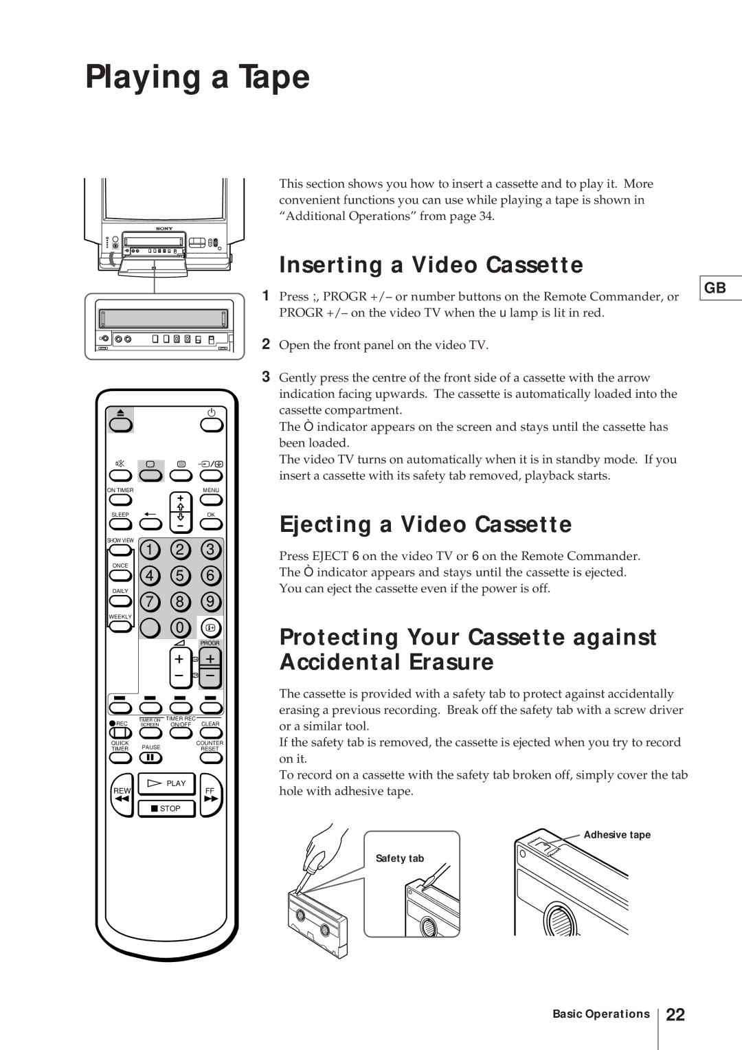 Sony KV-V2110D, KV-21V4D Playing a Tape, Inserting a Video Cassette, Ejecting a Video Cassette, Adhesive tape Safety tab 