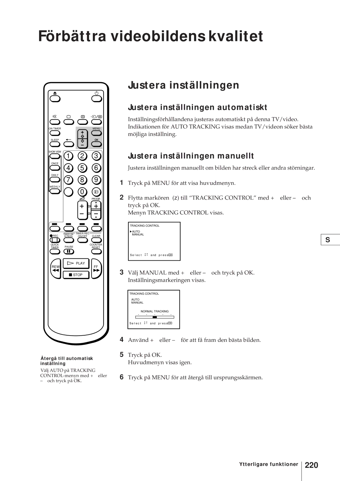 Sony KV-V2110D Förbättra videobildens kvalitet, Justera inställningen automatiskt, Justera inställningen manuellt, 220 