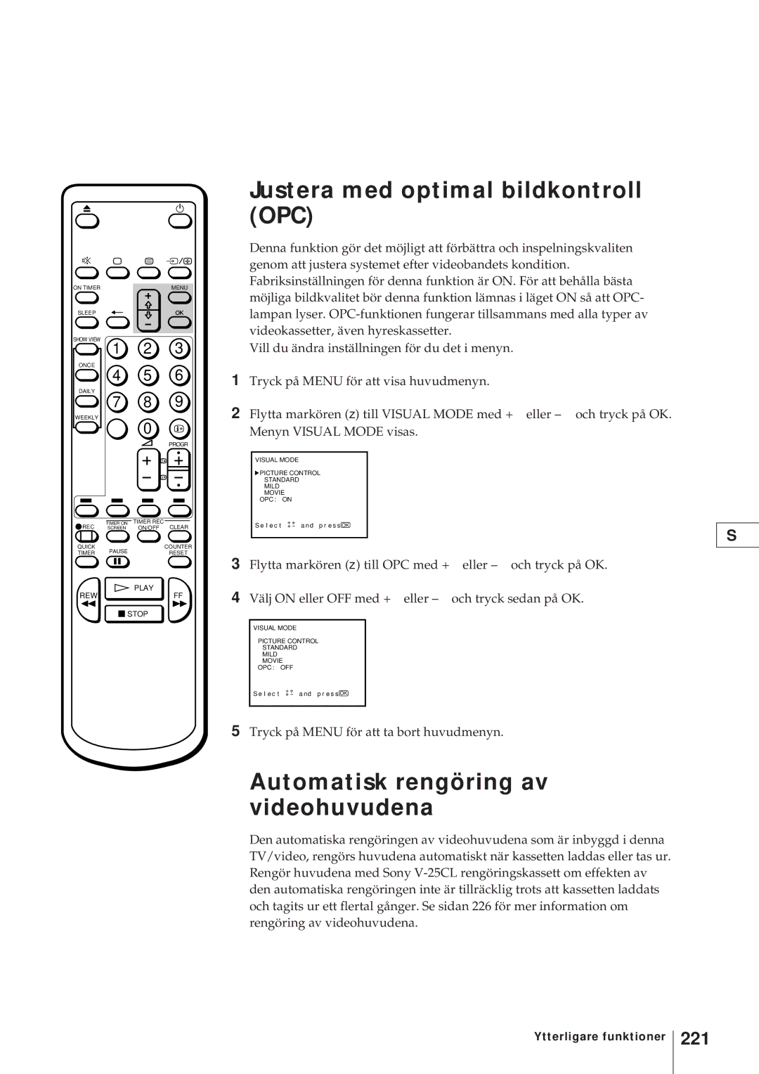 Sony KV-21V4D, KV-V2110D Justera med optimal bildkontroll OPC, Automatisk rengöring av videohuvudena, 221 