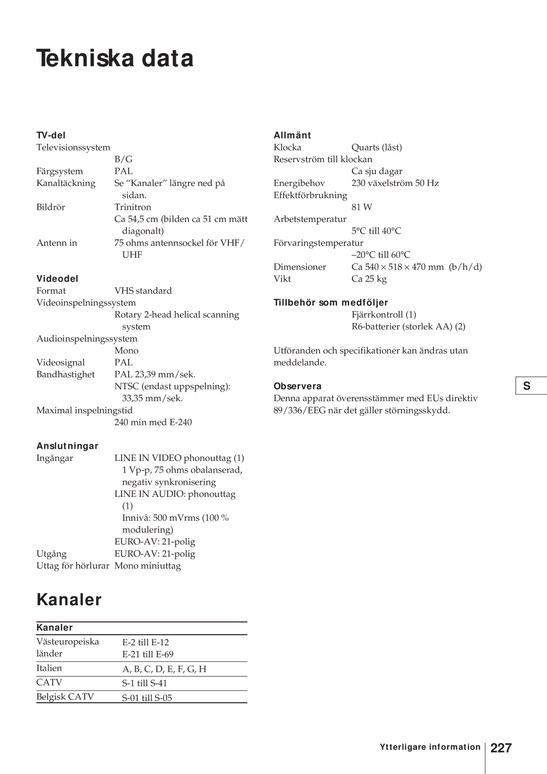 Sony KV-21V4D, KV-V2110D operating instructions Tekniska data, Kanaler, 227 