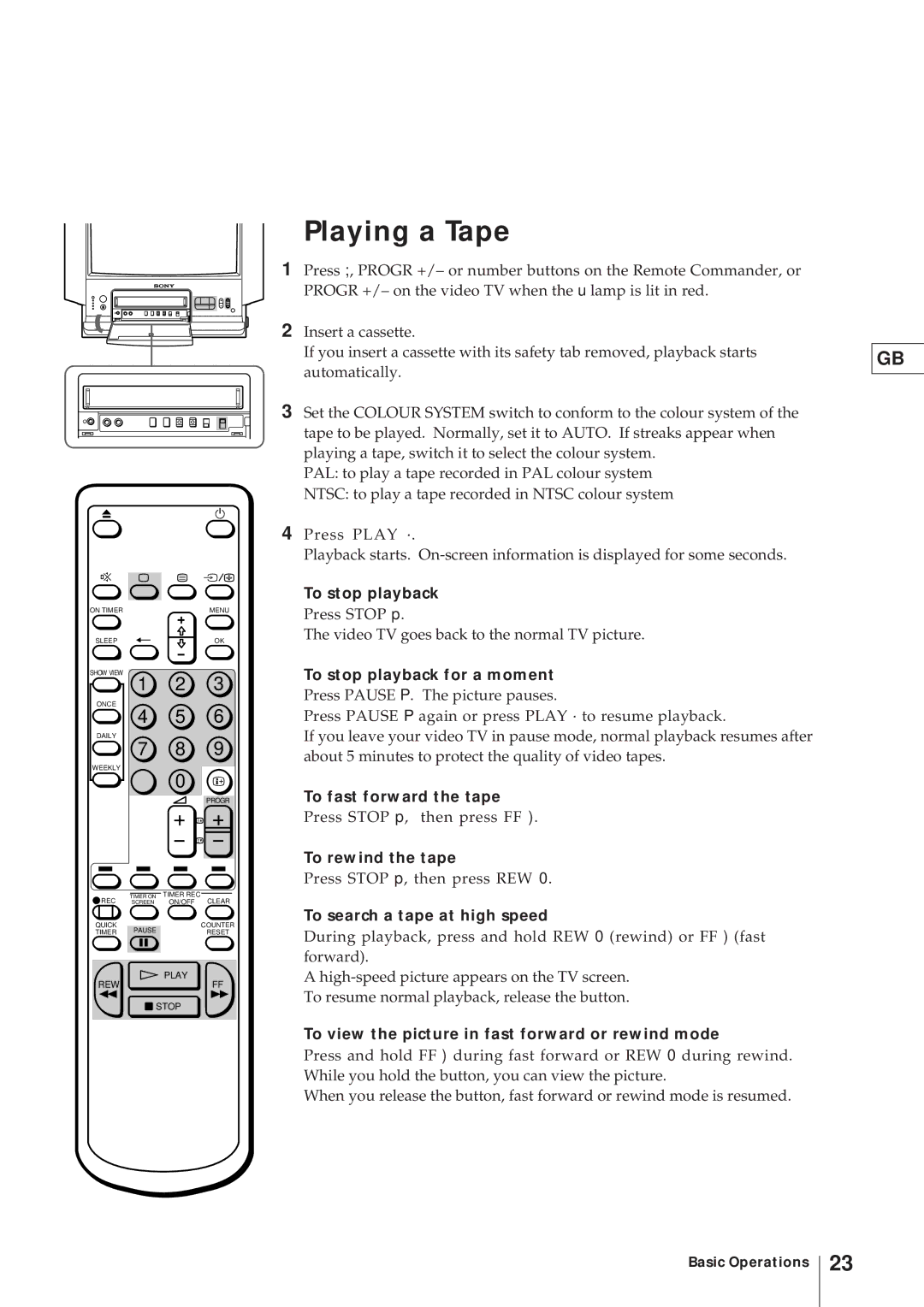 Sony KV-21V4D, KV-V2110D operating instructions Playing a Tape 