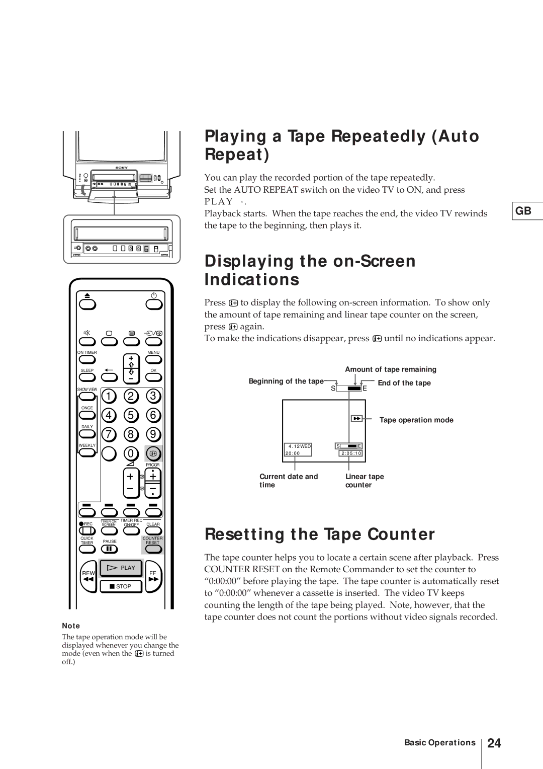 Sony KV-V2110D Playing a Tape Repeatedly Auto Repeat, Displaying the on-Screen Indications, Resetting the Tape Counter 