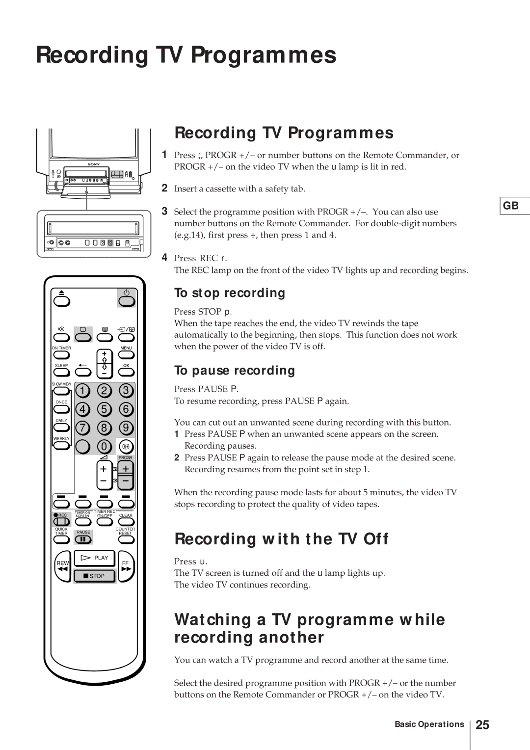 Sony KV-21V4D Recording TV Programmes, Recording with the TV Off, Watching a TV programme while recording another 