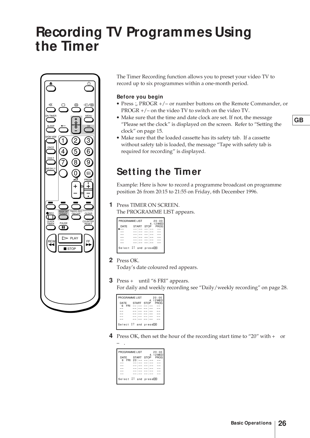 Sony KV-V2110D, KV-21V4D operating instructions Recording TV Programmes Using the Timer, Setting the Timer, Before you begin 