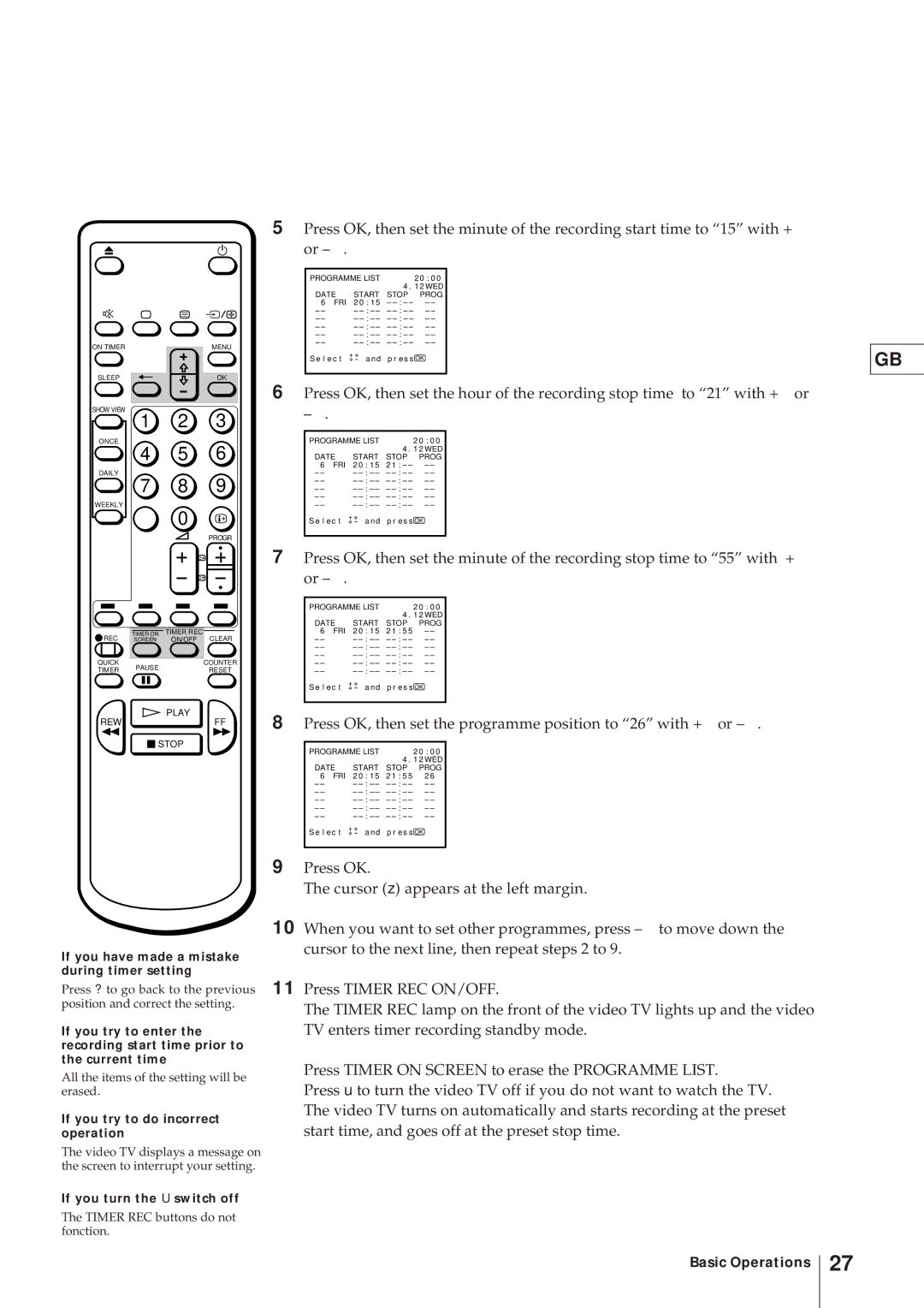 Sony KV-21V4D, KV-V2110D If you have made a mistake during timer setting, If you try to do incorrect operation 