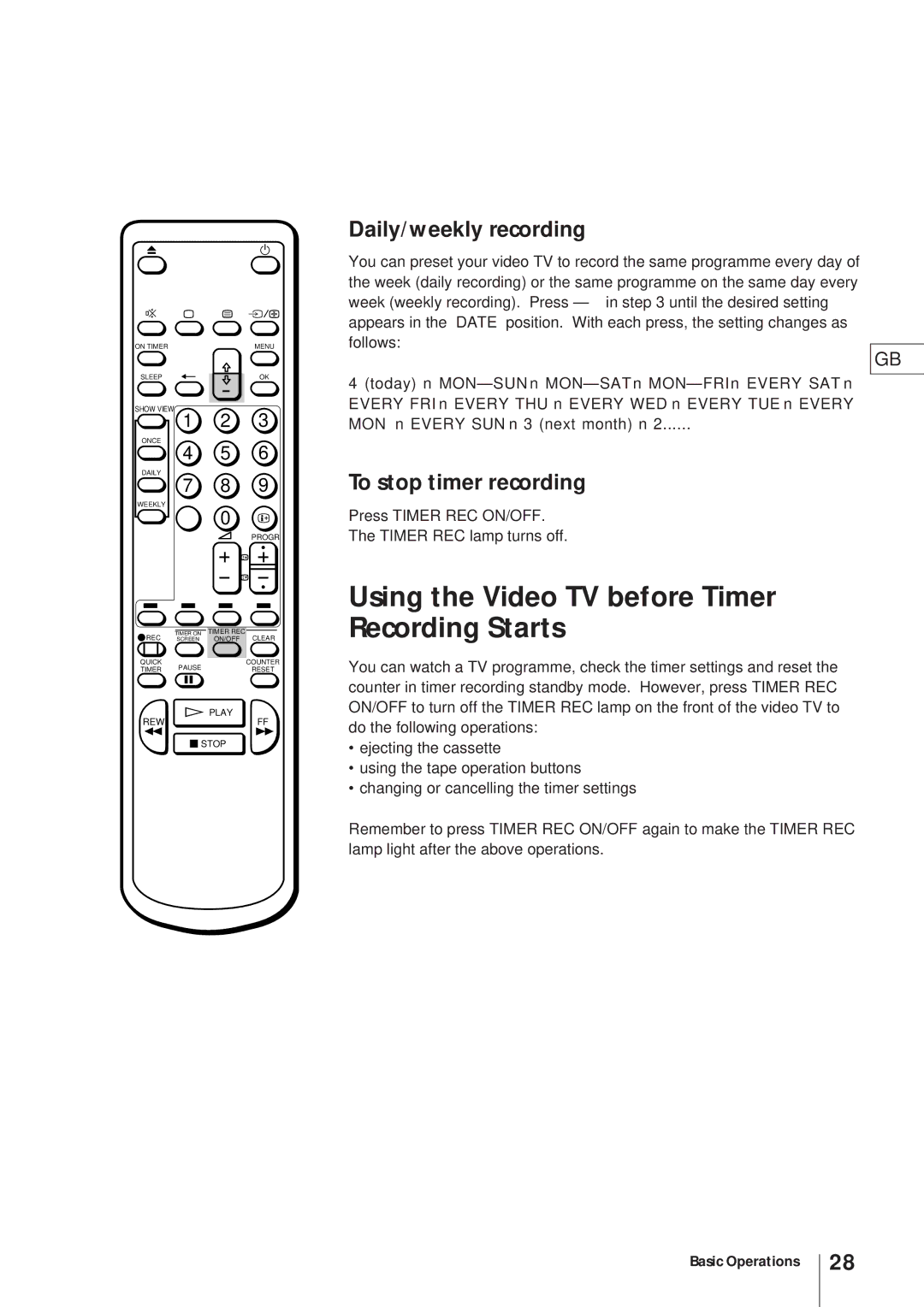 Sony KV-V2110D, KV-21V4D Using the Video TV before Timer Recording Starts, Daily/weekly recording, To stop timer recording 