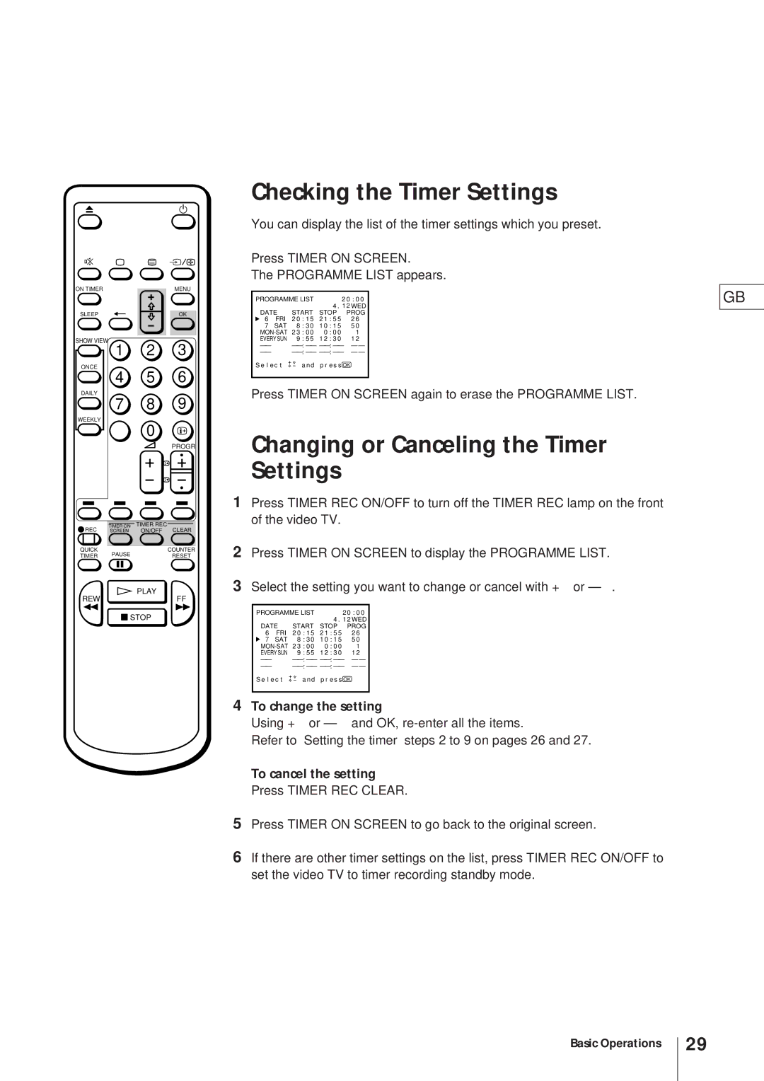 Sony KV-21V4D, KV-V2110D Checking the Timer Settings, Changing or Canceling the Timer Settings, To change the setting 