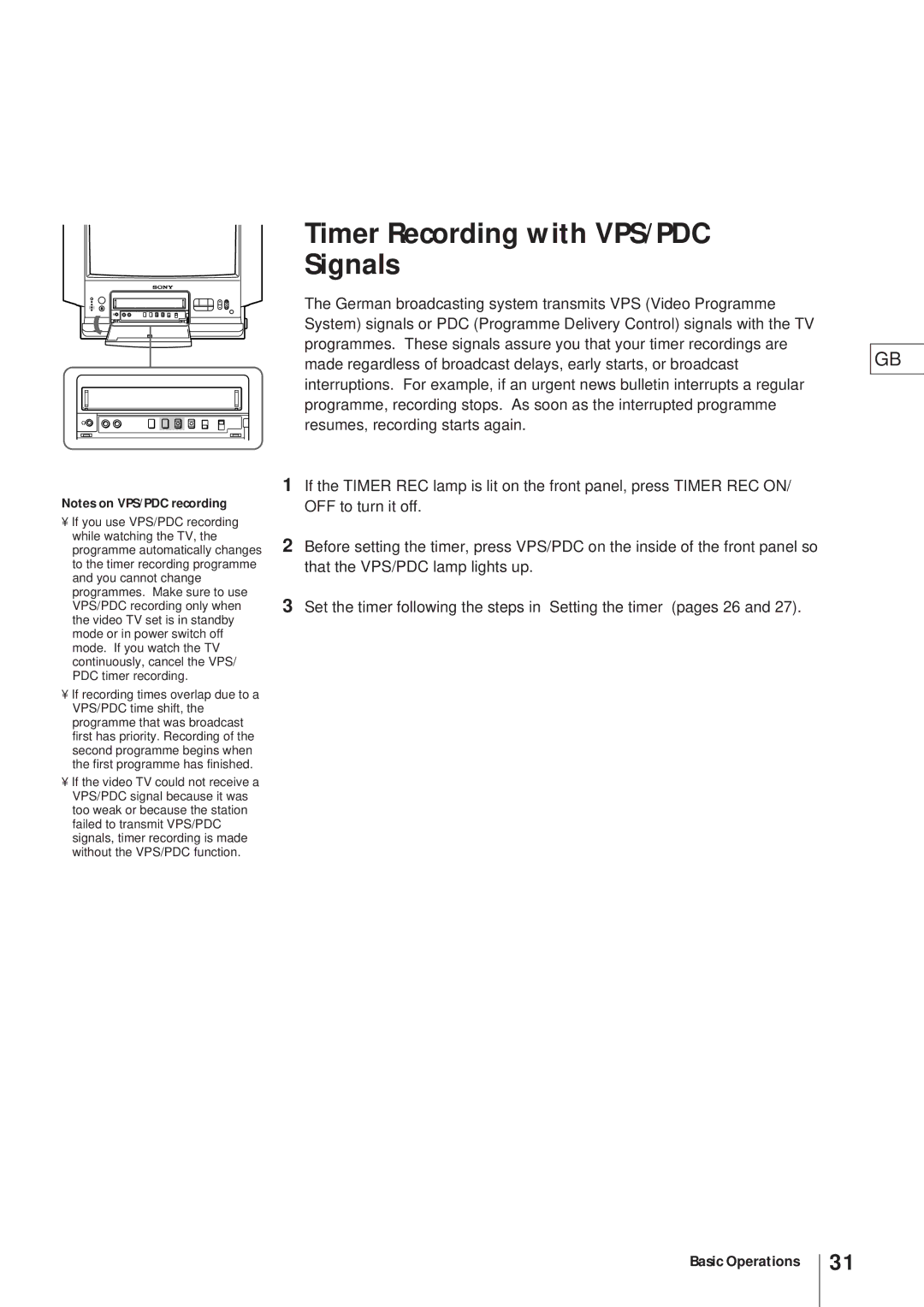 Sony KV-21V4D, KV-V2110D operating instructions Timer Recording with VPS/PDC Signals 