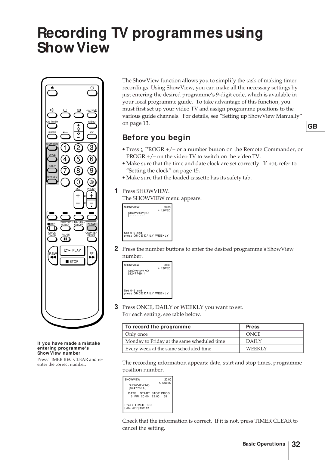 Sony KV-V2110D, KV-21V4D operating instructions Recording TV programmes using ShowView, To record the programme Press 