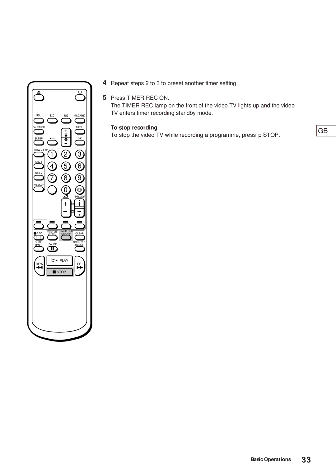 Sony KV-21V4D, KV-V2110D operating instructions To stop recording 