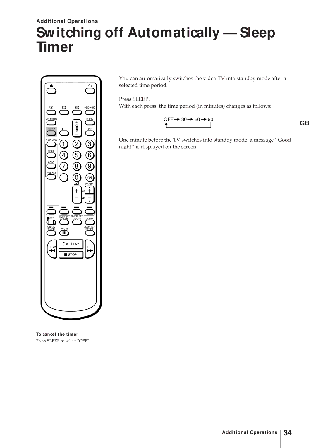 Sony KV-V2110D, KV-21V4D Switching off Automatically Sleep Timer, Additional Operations, To cancel the timer 