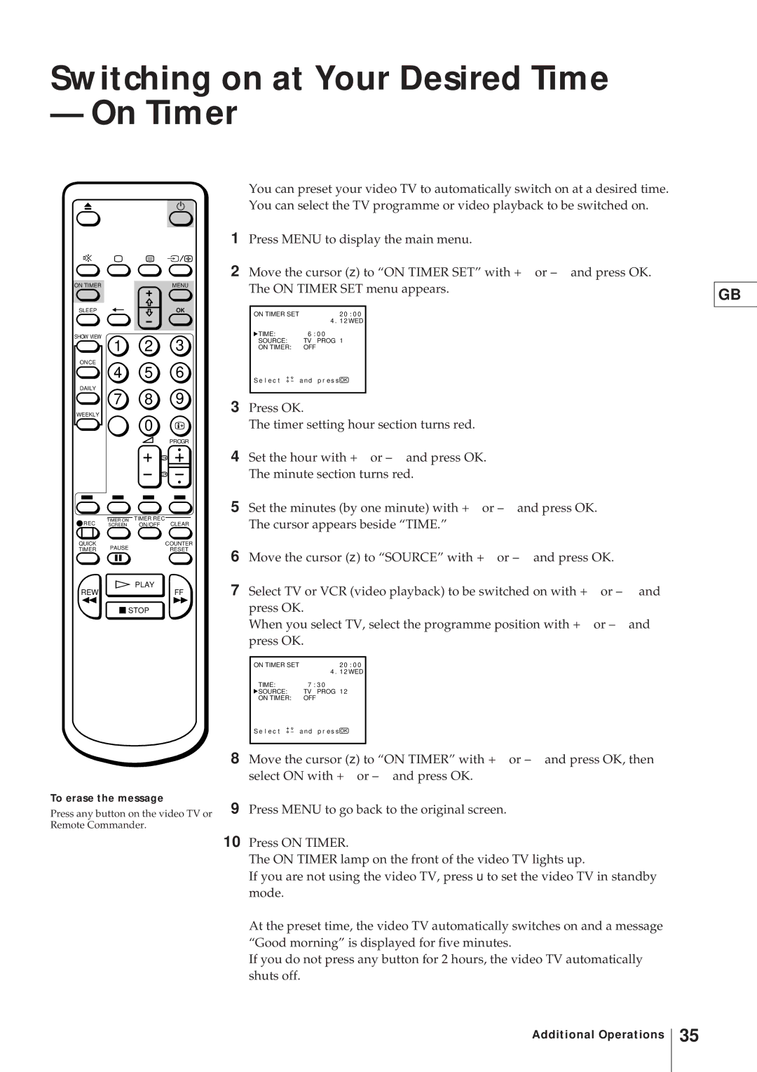 Sony KV-21V4D, KV-V2110D operating instructions Switching on at Your Desired Time On Timer, To erase the message 