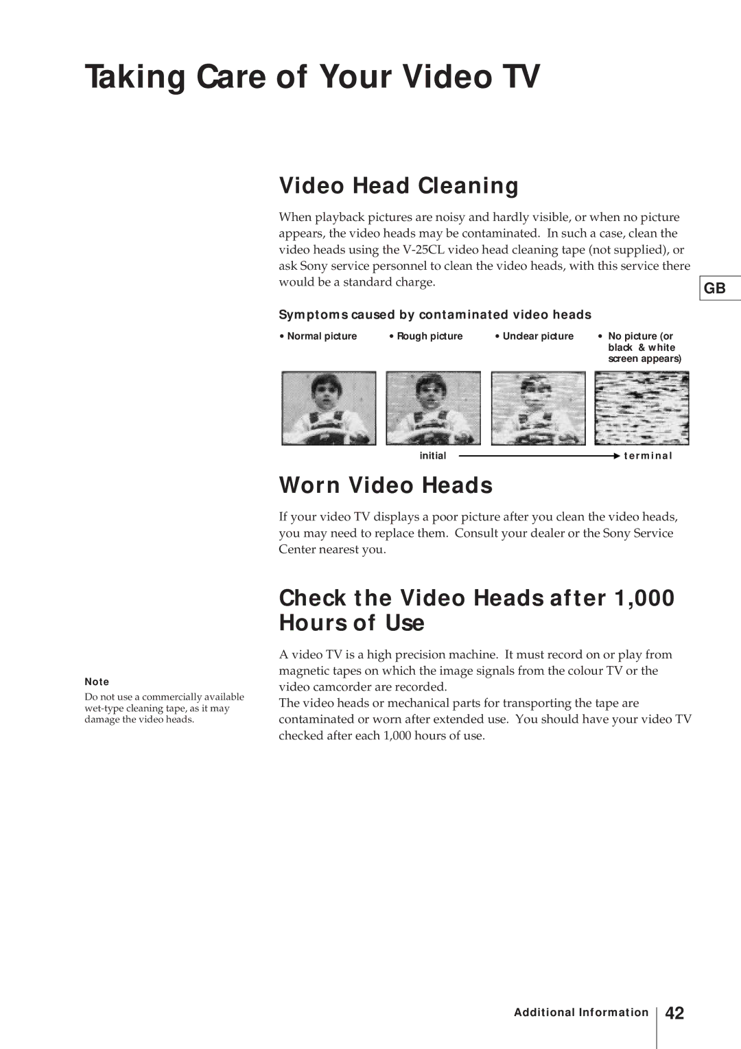 Sony KV-V2110D, KV-21V4D operating instructions Taking Care of Your Video TV, Video Head Cleaning, Worn Video Heads 