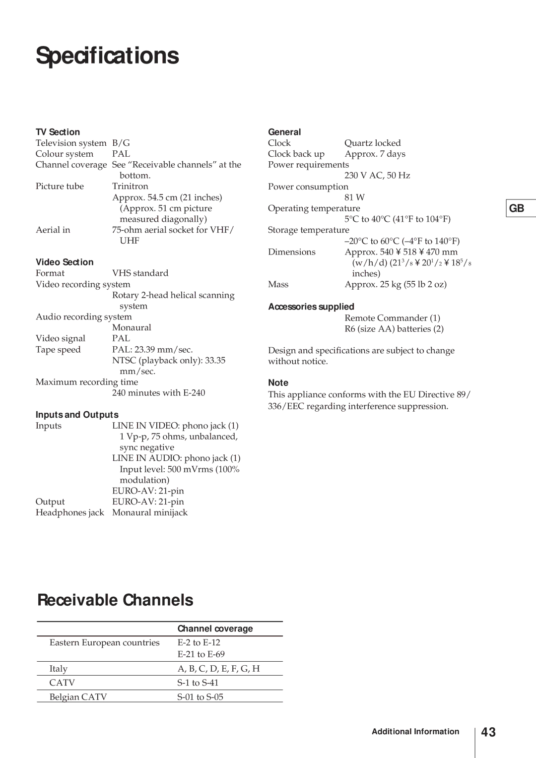 Sony KV-21V4D, KV-V2110D operating instructions Specifications, Receivable Channels 