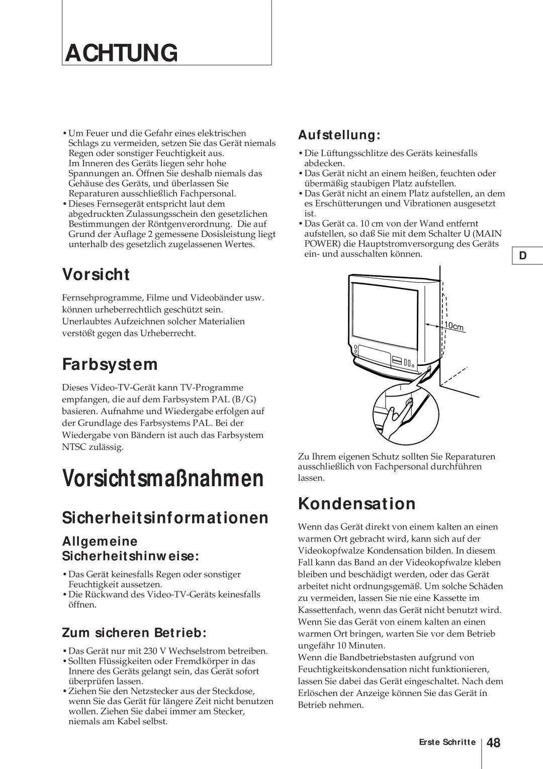 Sony KV-V2110D, KV-21V4D operating instructions Vorsicht, Farbsystem, Sicherheitsinformationen, Kondensation 