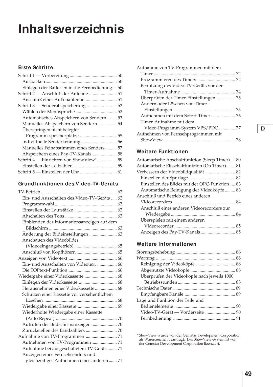 Sony KV-21V4D, KV-V2110D operating instructions Inhaltsverzeichnis, Erste Schritte 