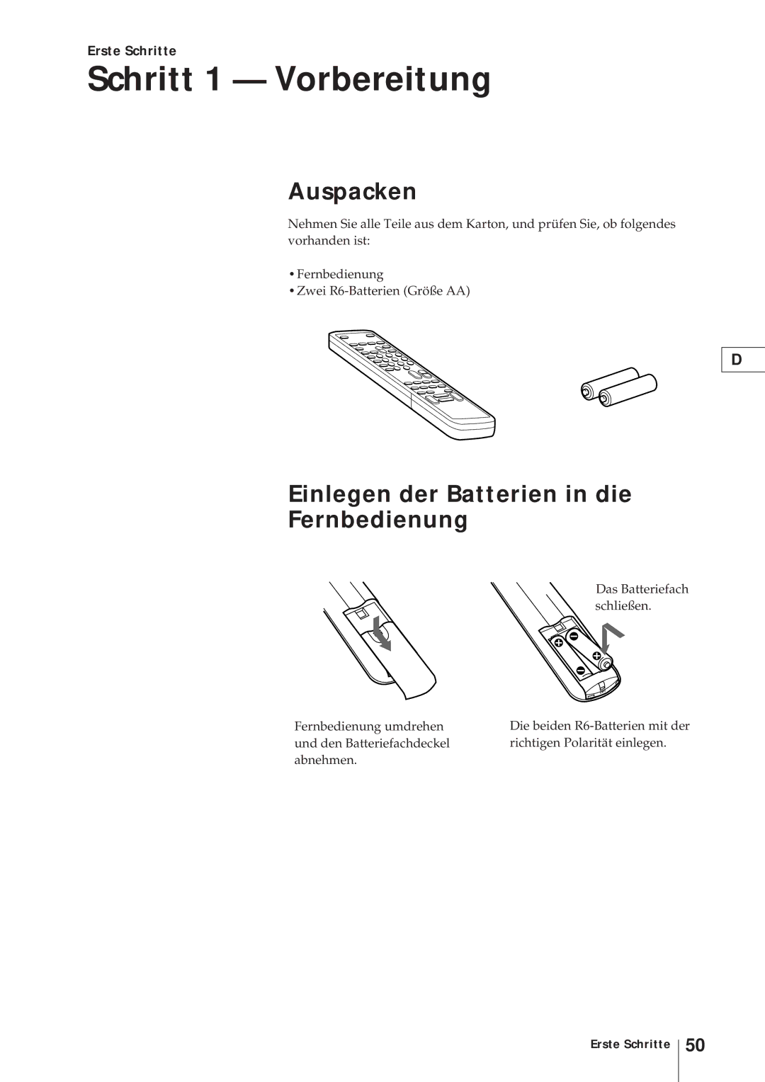 Sony KV-V2110D, KV-21V4D Schritt 1 Vorbereitung, Auspacken, Einlegen der Batterien in die Fernbedienung, Erste Schritte 