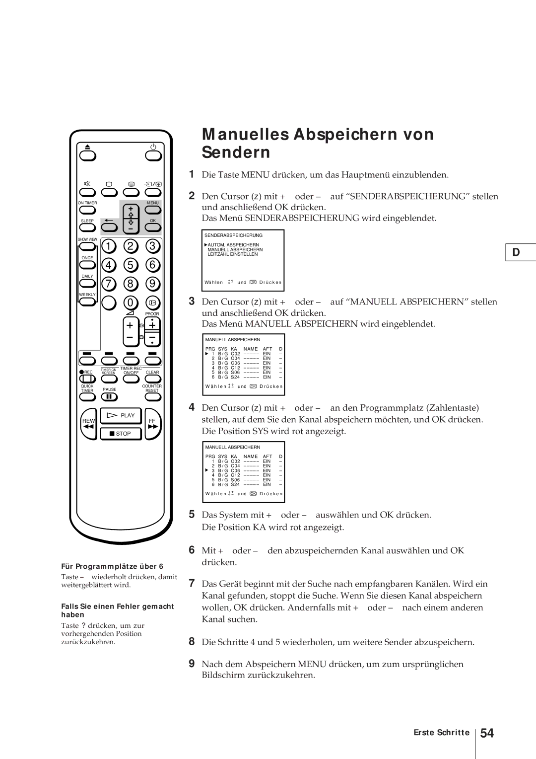 Sony KV-V2110D, KV-21V4D Manuelles Abspeichern von Sendern, Für Programmplätze über, Falls Sie einen Fehler gemacht haben 