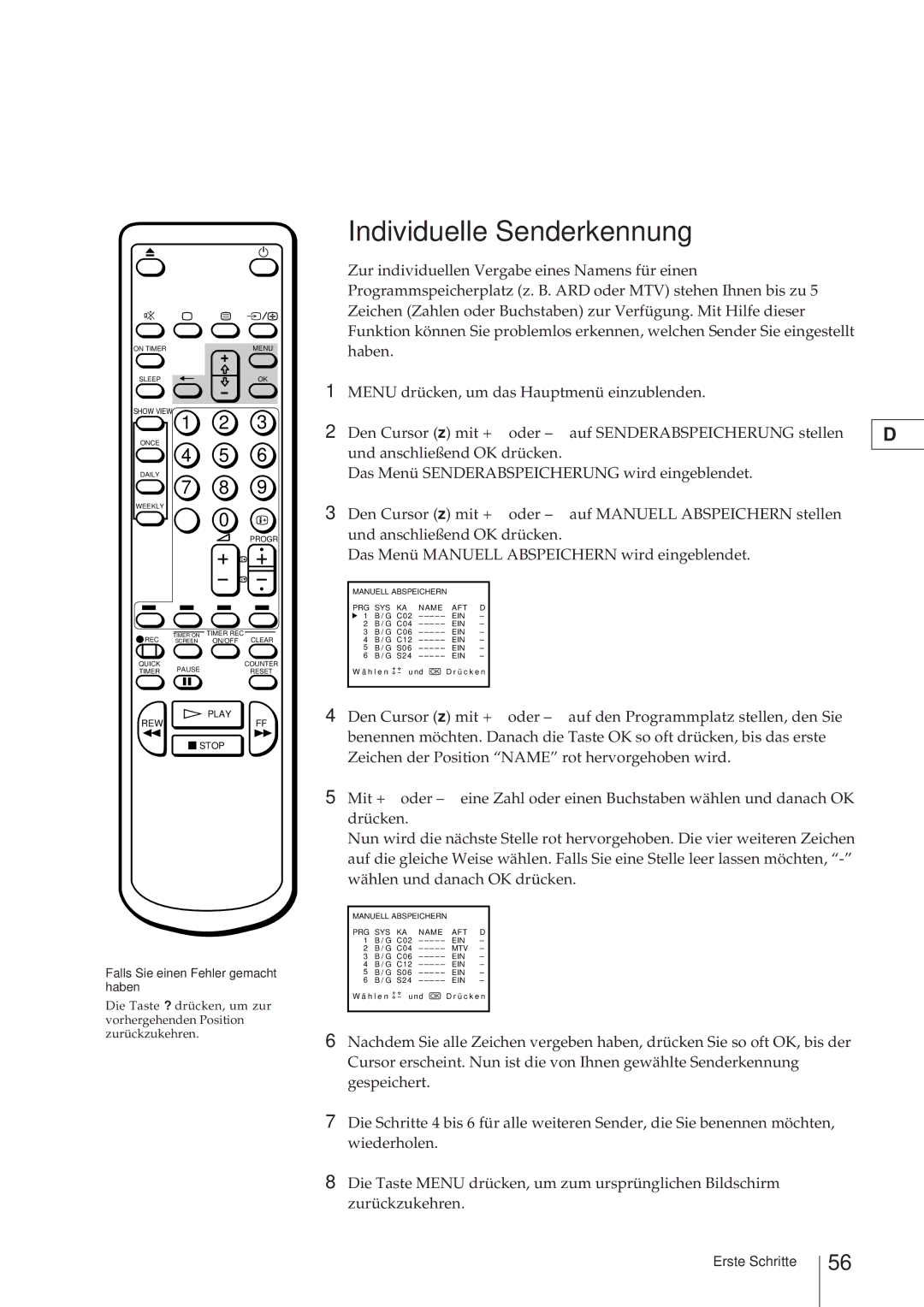 Sony KV-V2110D, KV-21V4D operating instructions Individuelle Senderkennung 