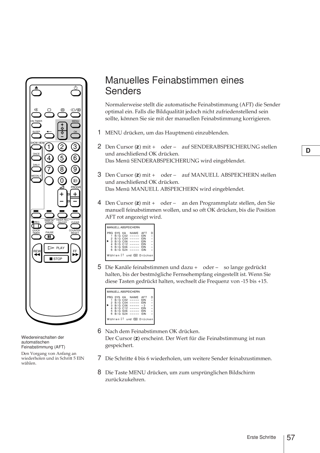 Sony KV-21V4D, KV-V2110D operating instructions Wiedereinschalten der automatischen Feinabstimmung AFT 