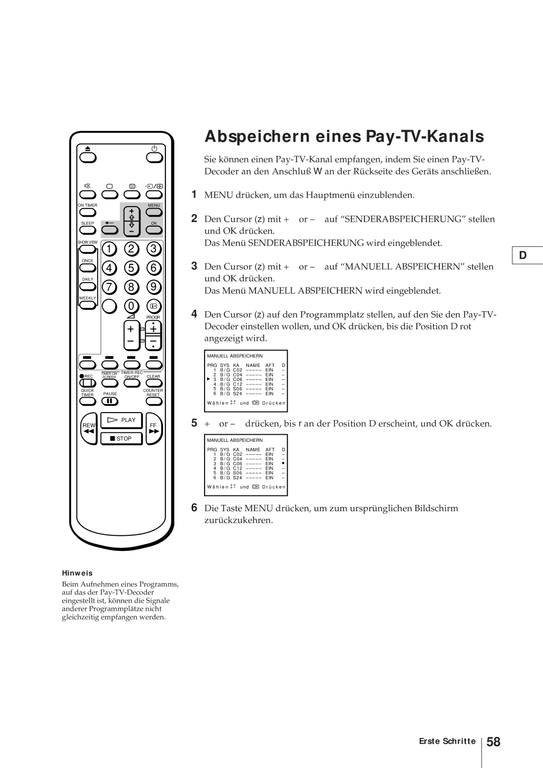 Sony KV-V2110D, KV-21V4D operating instructions Abspeichern eines Pay-TV-Kanals, Hinweis 