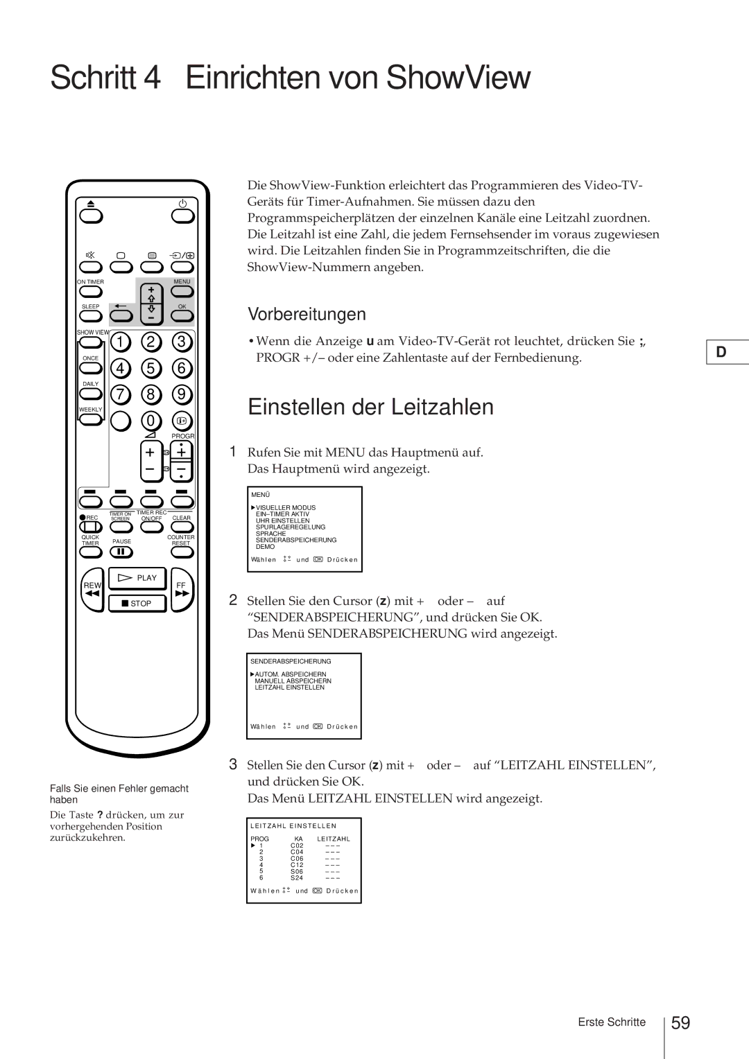 Sony KV-21V4D, KV-V2110D operating instructions Schritt 4 Einrichten von ShowView, Einstellen der Leitzahlen, Vorbereitungen 