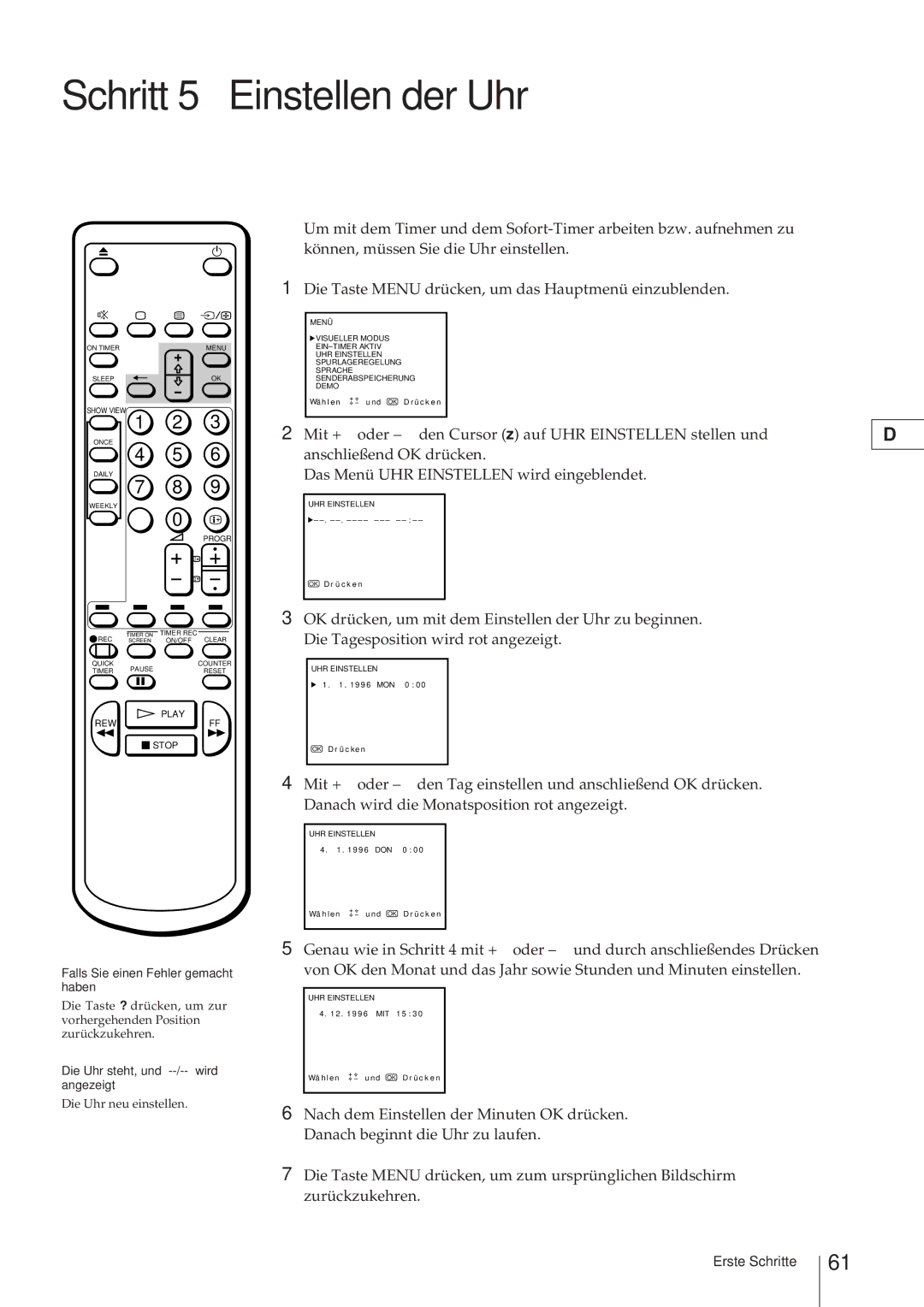 Sony KV-21V4D, KV-V2110D operating instructions Schritt 5 Einstellen der Uhr, Die Uhr steht, und --/-- wird angezeigt 