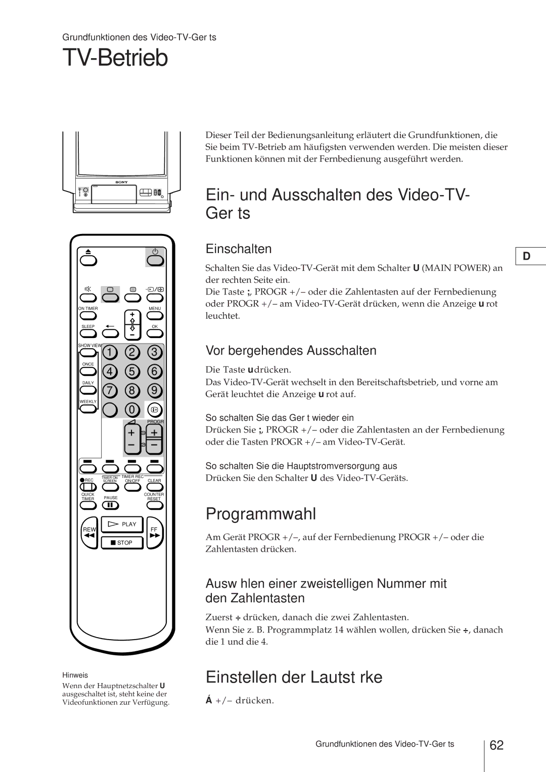 Sony KV-V2110D, KV-21V4D TV-Betrieb, Ein- und Ausschalten des Video-TV- Geräts, Programmwahl, Einstellen der Lautstärke 