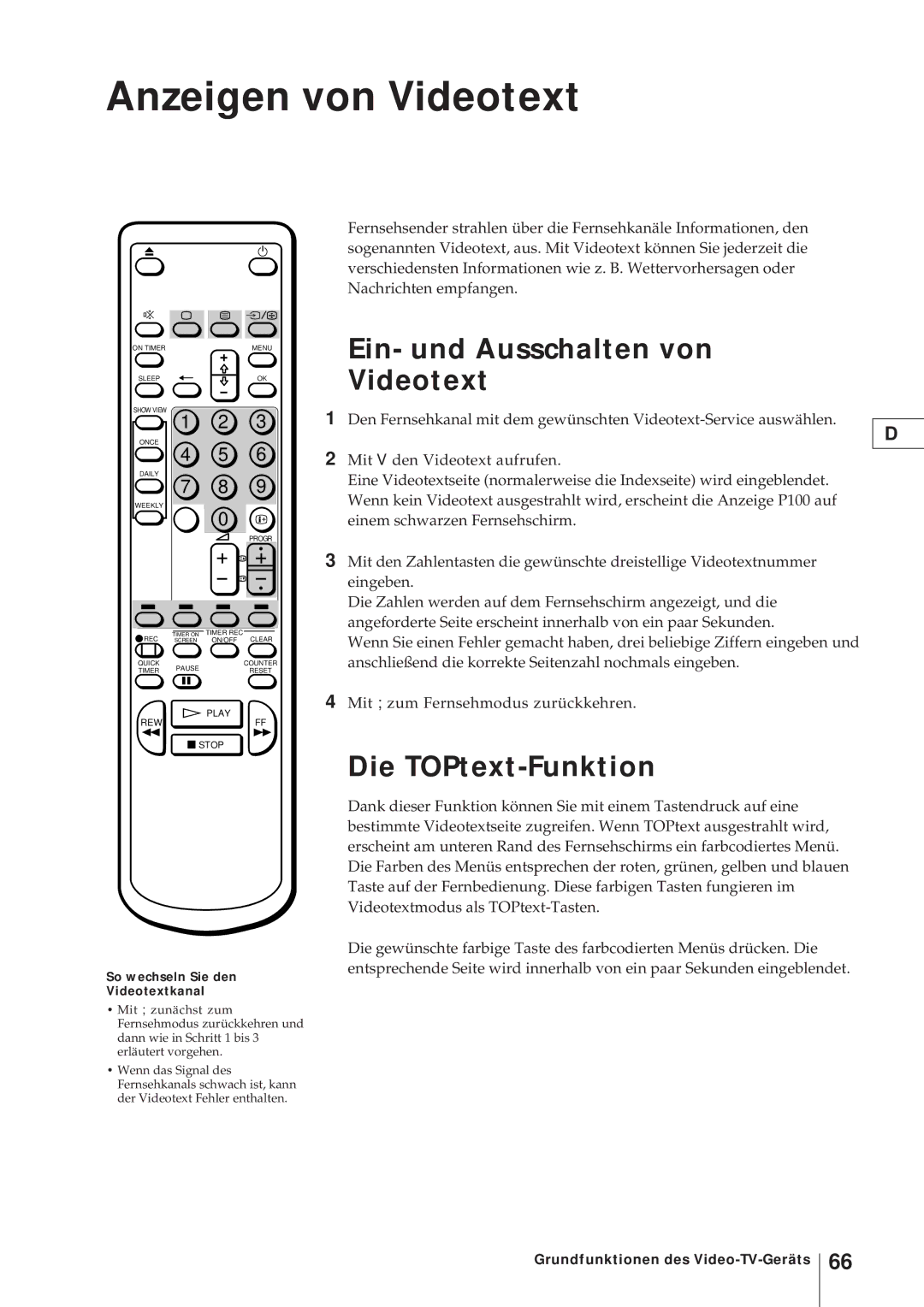 Sony KV-V2110D, KV-21V4D Anzeigen von Videotext, Ein- und Ausschalten von Videotext, Die TOPtext-Funktion 