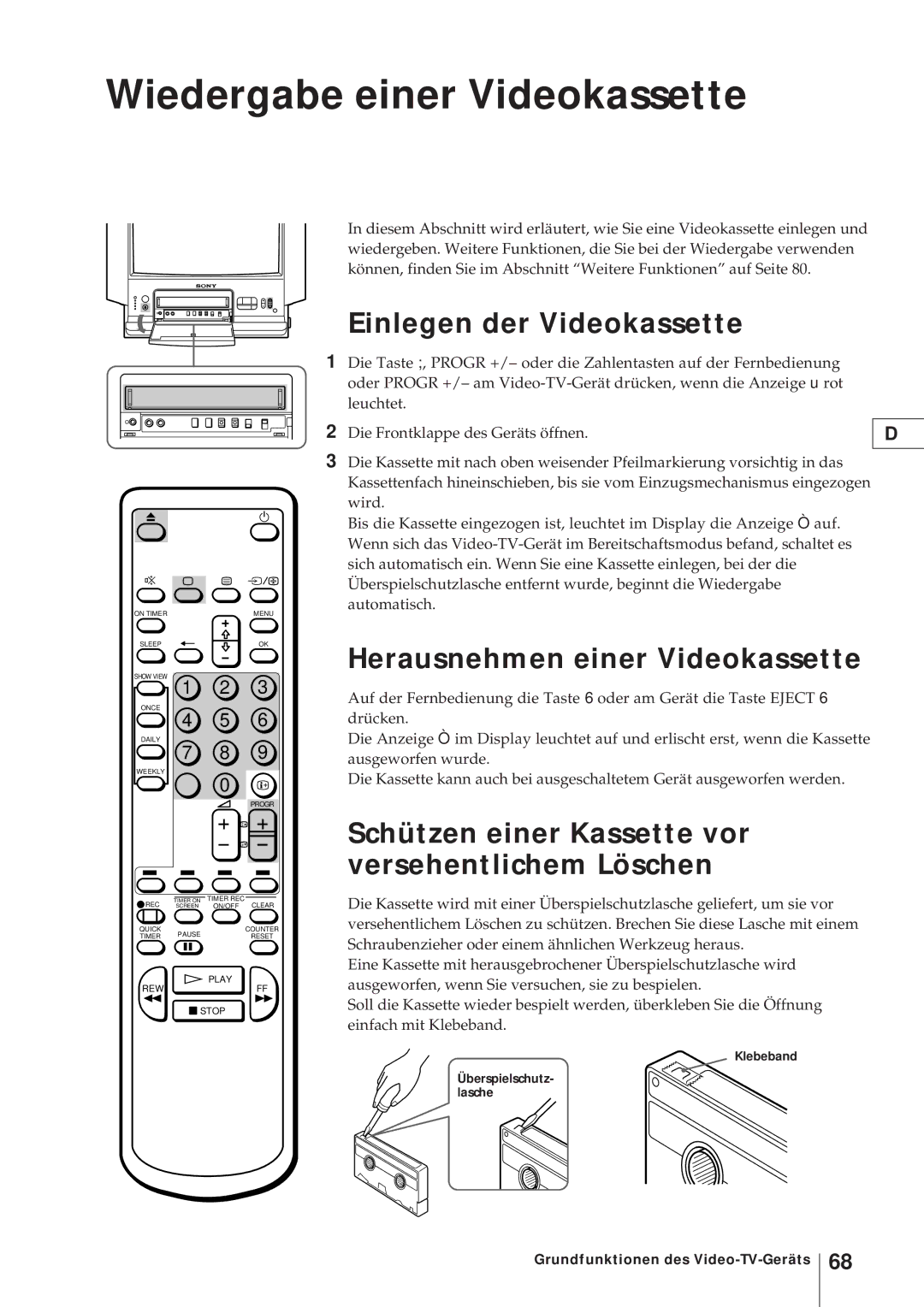 Sony KV-V2110D Wiedergabe einer Videokassette, Einlegen der Videokassette, Herausnehmen einer Videokassette, Klebeband 