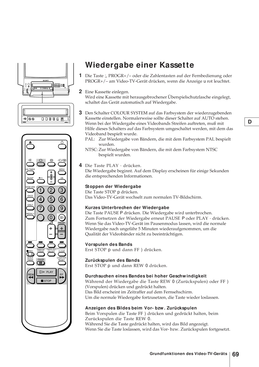 Sony KV-21V4D, KV-V2110D operating instructions Wiedergabe einer Kassette 