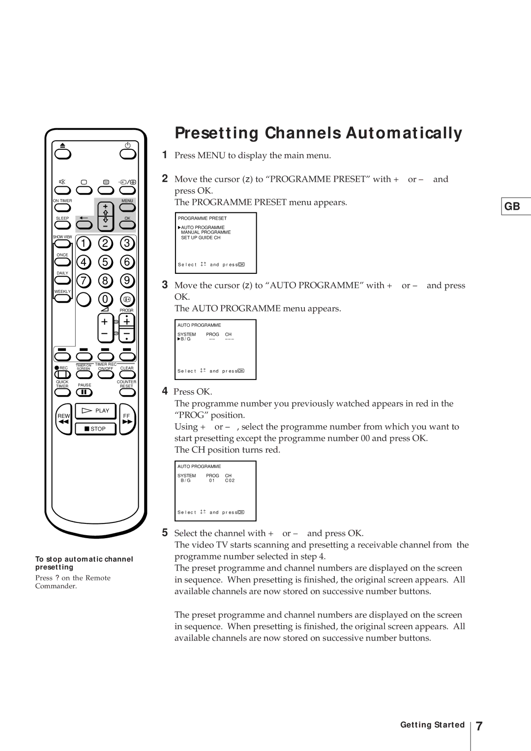 Sony KV-21V4D, KV-V2110D operating instructions Presetting Channels Automatically, To stop automatic channel presetting 