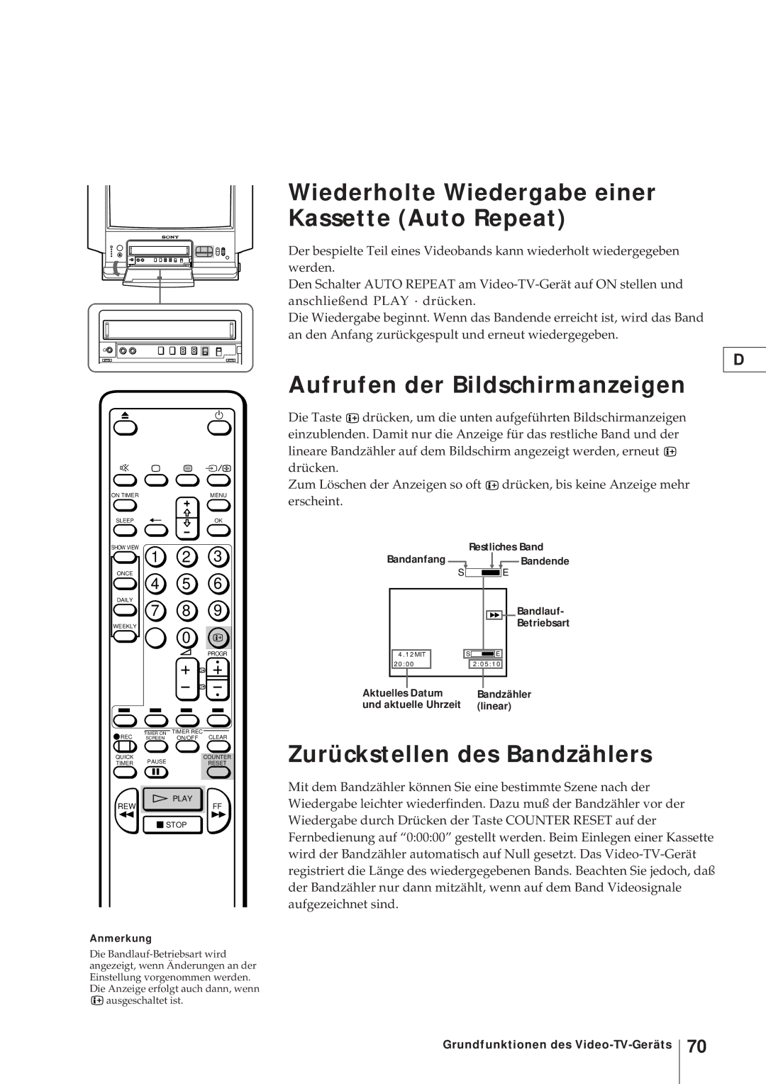 Sony KV-V2110D, KV-21V4D Wiederholte Wiedergabe einer Kassette Auto Repeat, Aufrufen der Bildschirmanzeigen 