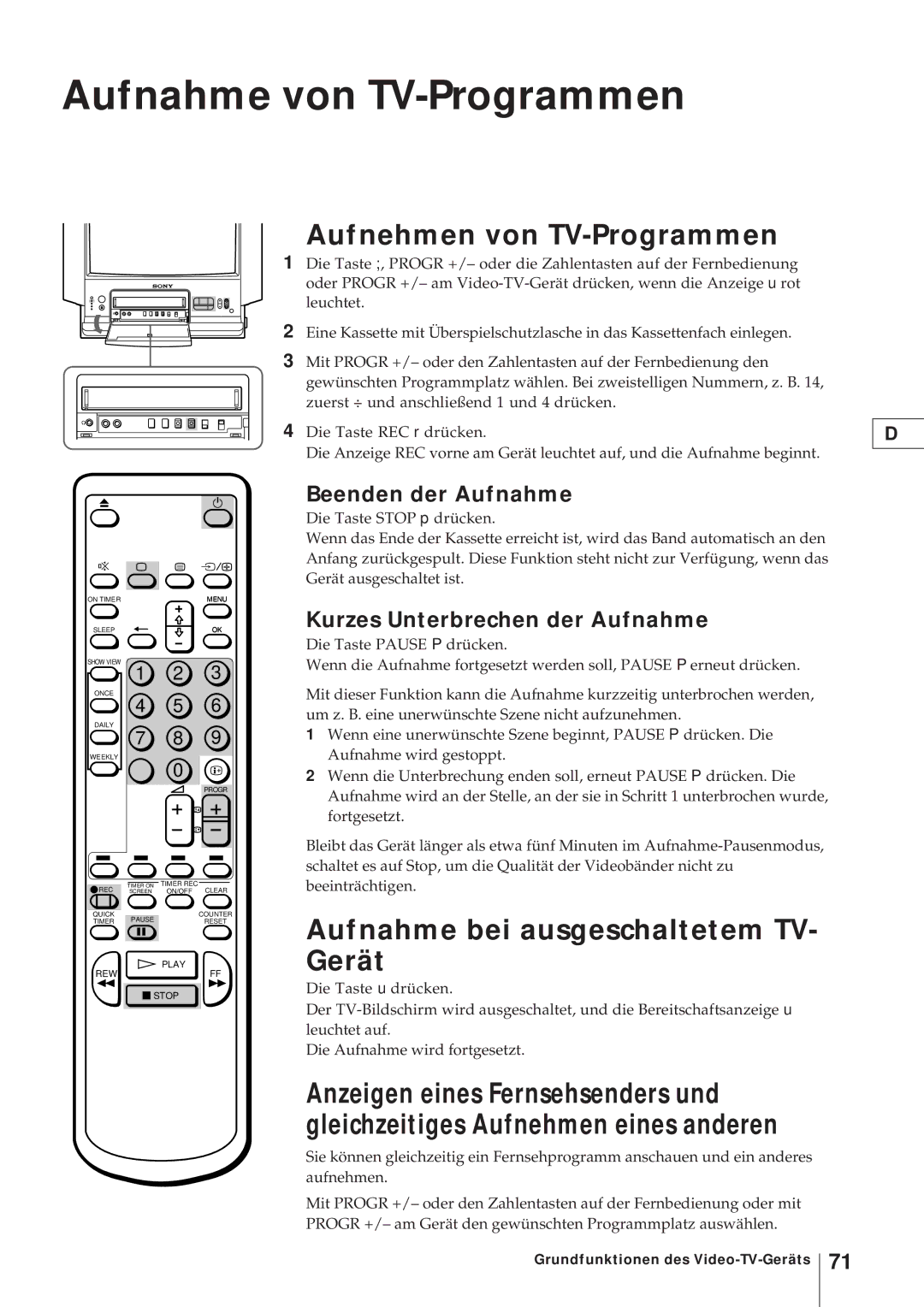 Sony KV-21V4D, KV-V2110D Aufnahme von TV-Programmen, Aufnehmen von TV-Programmen, Aufnahme bei ausgeschaltetem TV- Gerät 