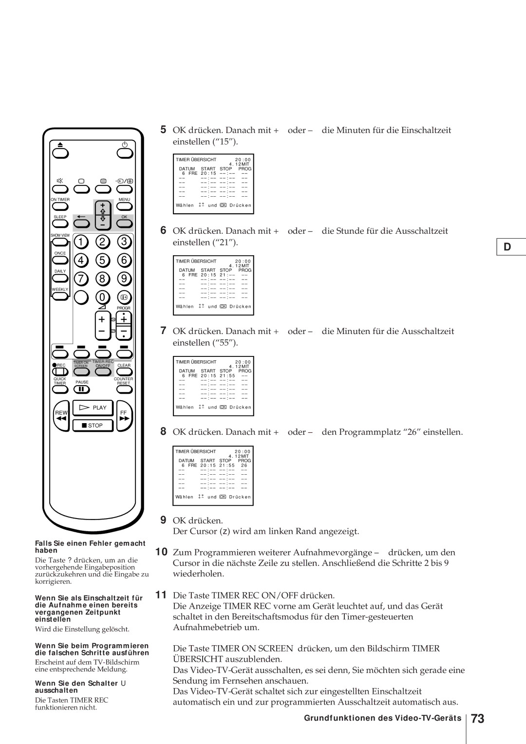 Sony KV-21V4D, KV-V2110D operating instructions Falls Sie einen Fehler gemacht haben, Wenn Sie den Schalter U ausschalten 