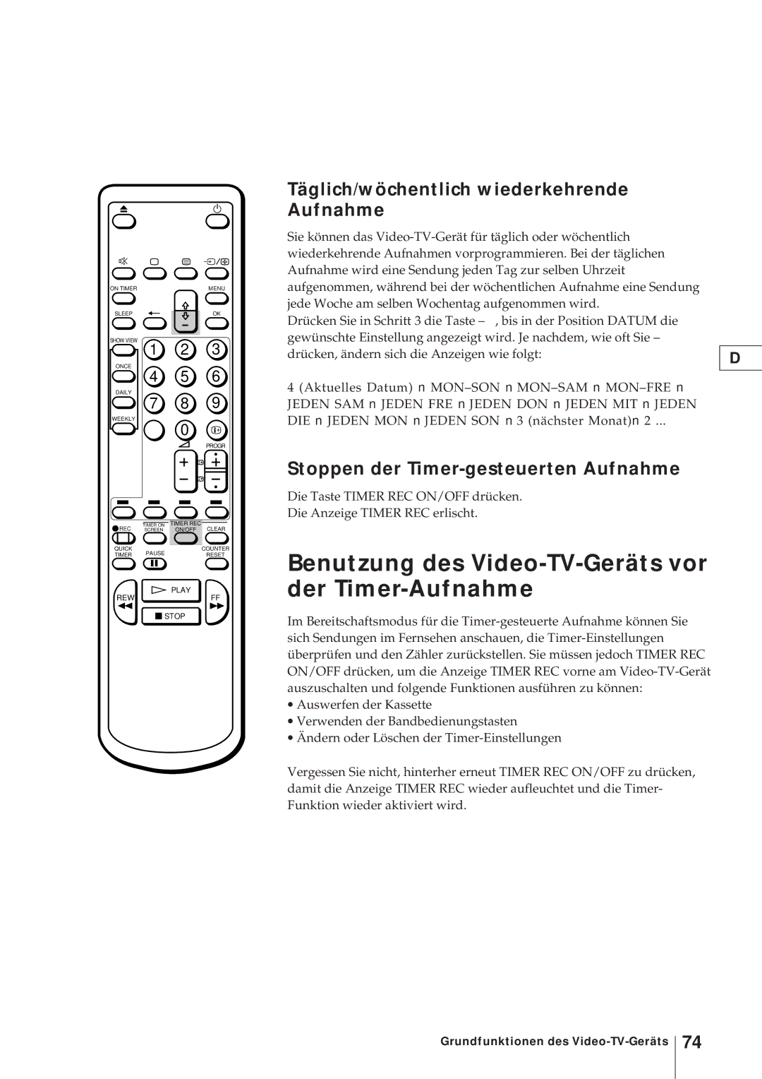 Sony KV-V2110D, KV-21V4D Benutzung des Video-TV-Geräts vor der Timer-Aufnahme, Täglich/wöchentlich wiederkehrende Aufnahme 