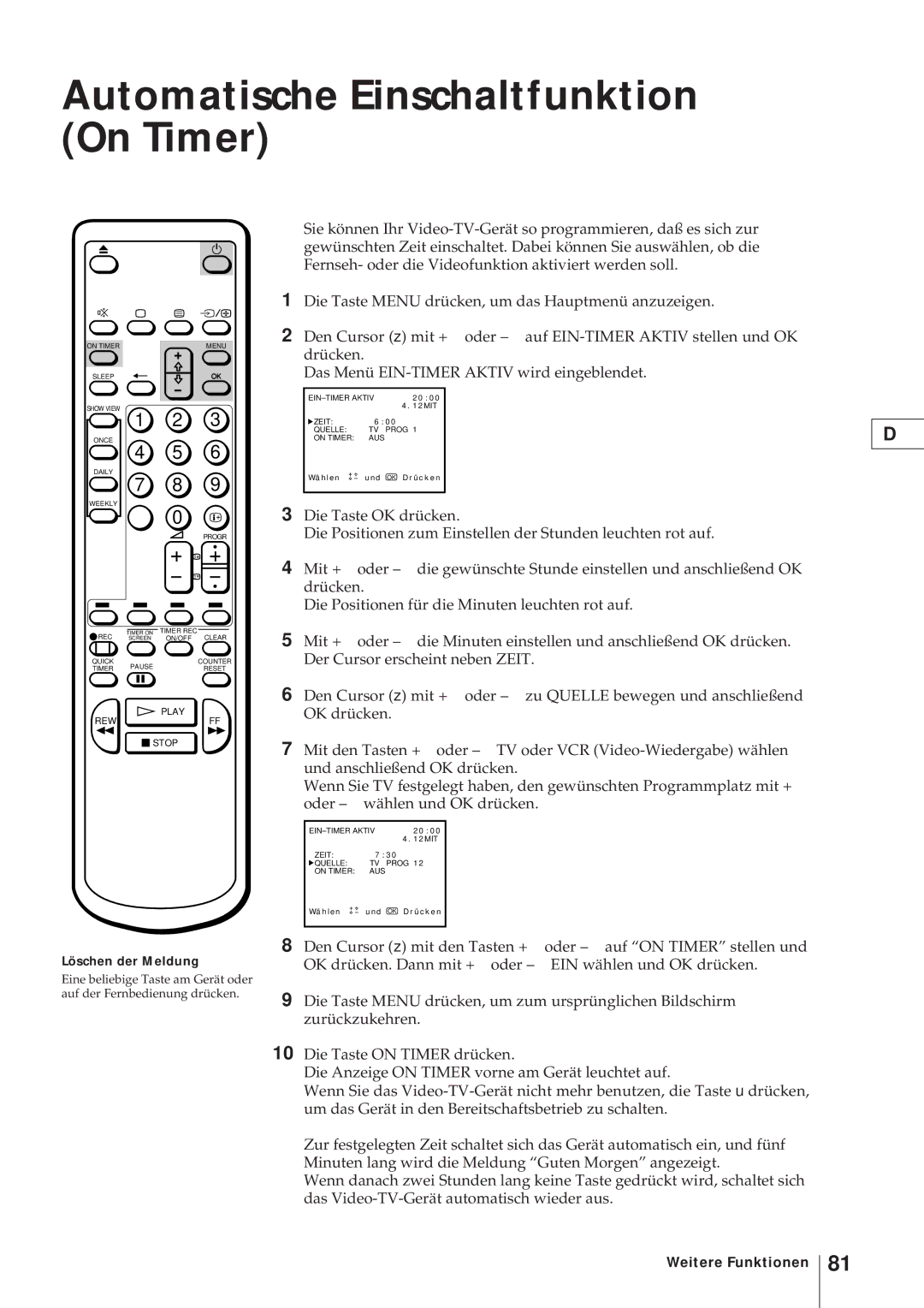 Sony KV-21V4D, KV-V2110D operating instructions Automatische Einschaltfunktion On Timer, Löschen der Meldung 