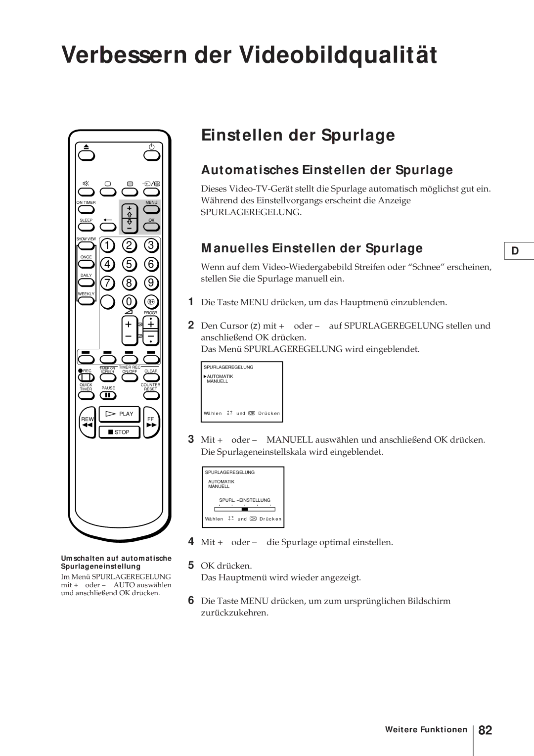 Sony KV-V2110D, KV-21V4D operating instructions Verbessern der Videobildqualität, Automatisches Einstellen der Spurlage 