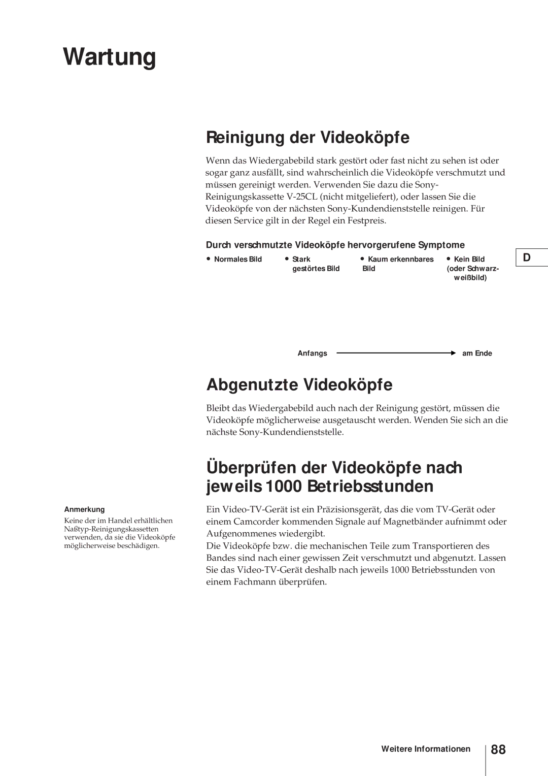 Sony KV-V2110D, KV-21V4D operating instructions Wartung, Reinigung der Videoköpfe, Abgenutzte Videoköpfe 