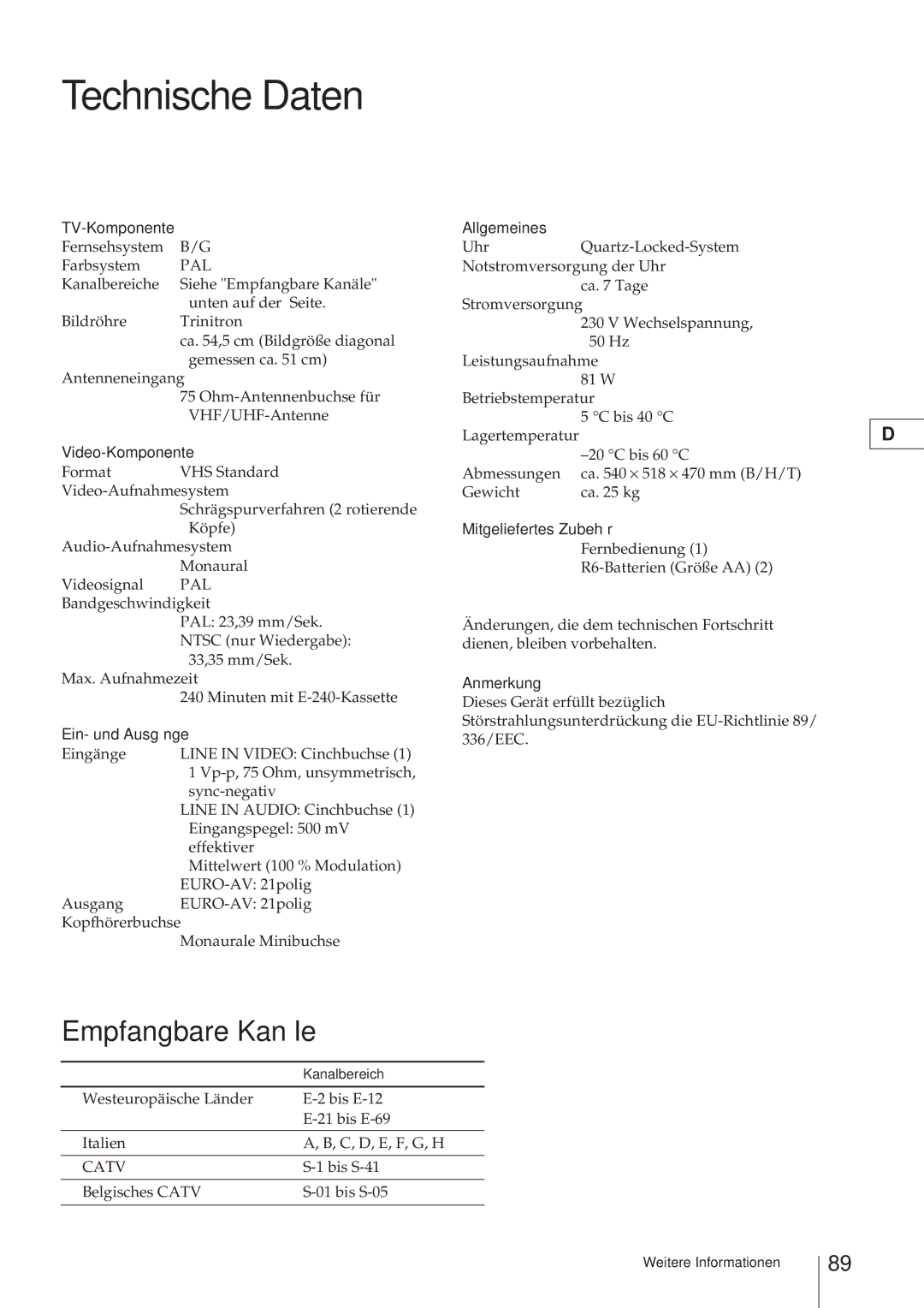 Sony KV-21V4D, KV-V2110D operating instructions Technische Daten, Empfangbare Kanäle 