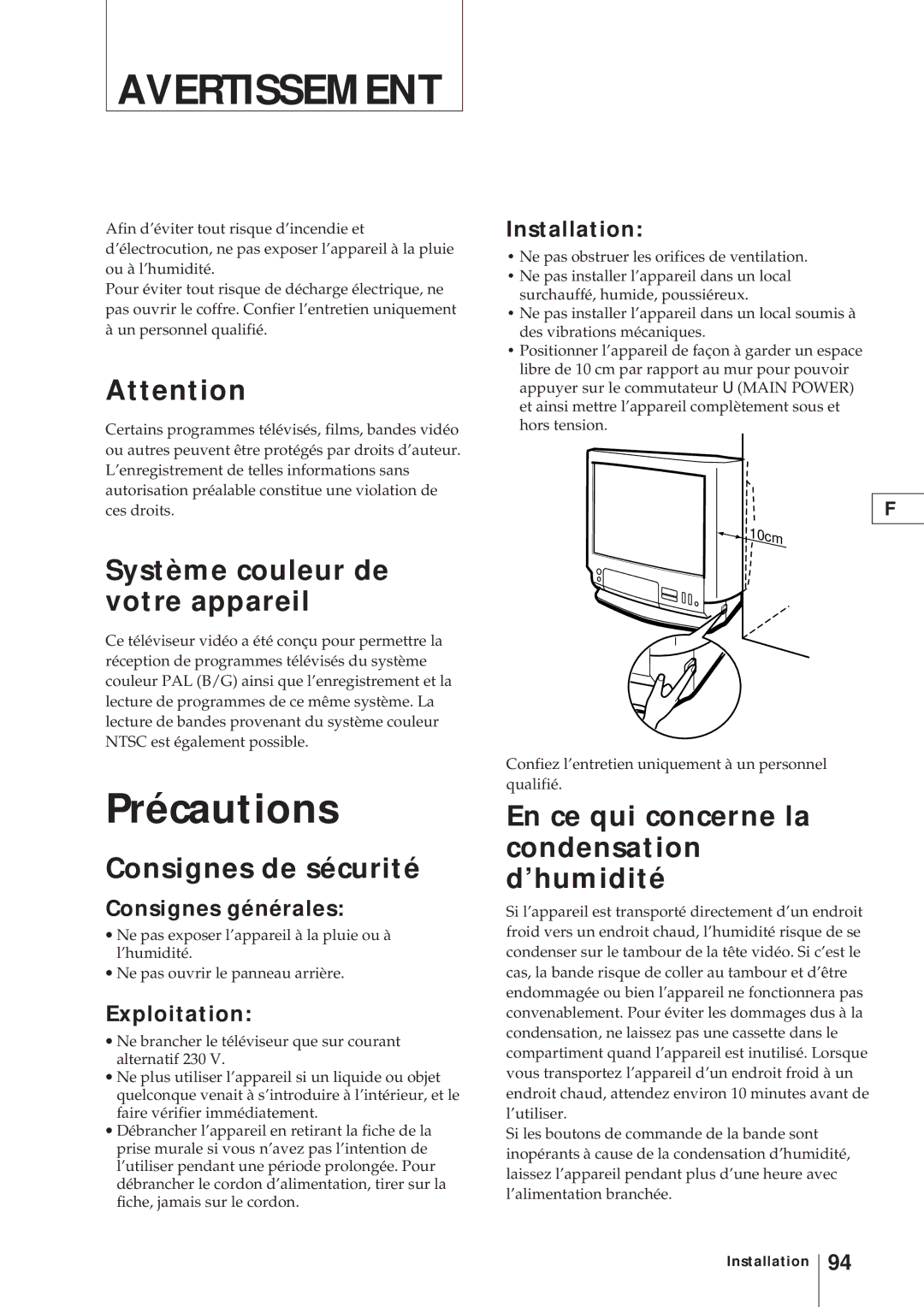 Sony KV-V2110D, KV-21V4D operating instructions Précautions, Système couleur de votre appareil, Consignes de sécurité 