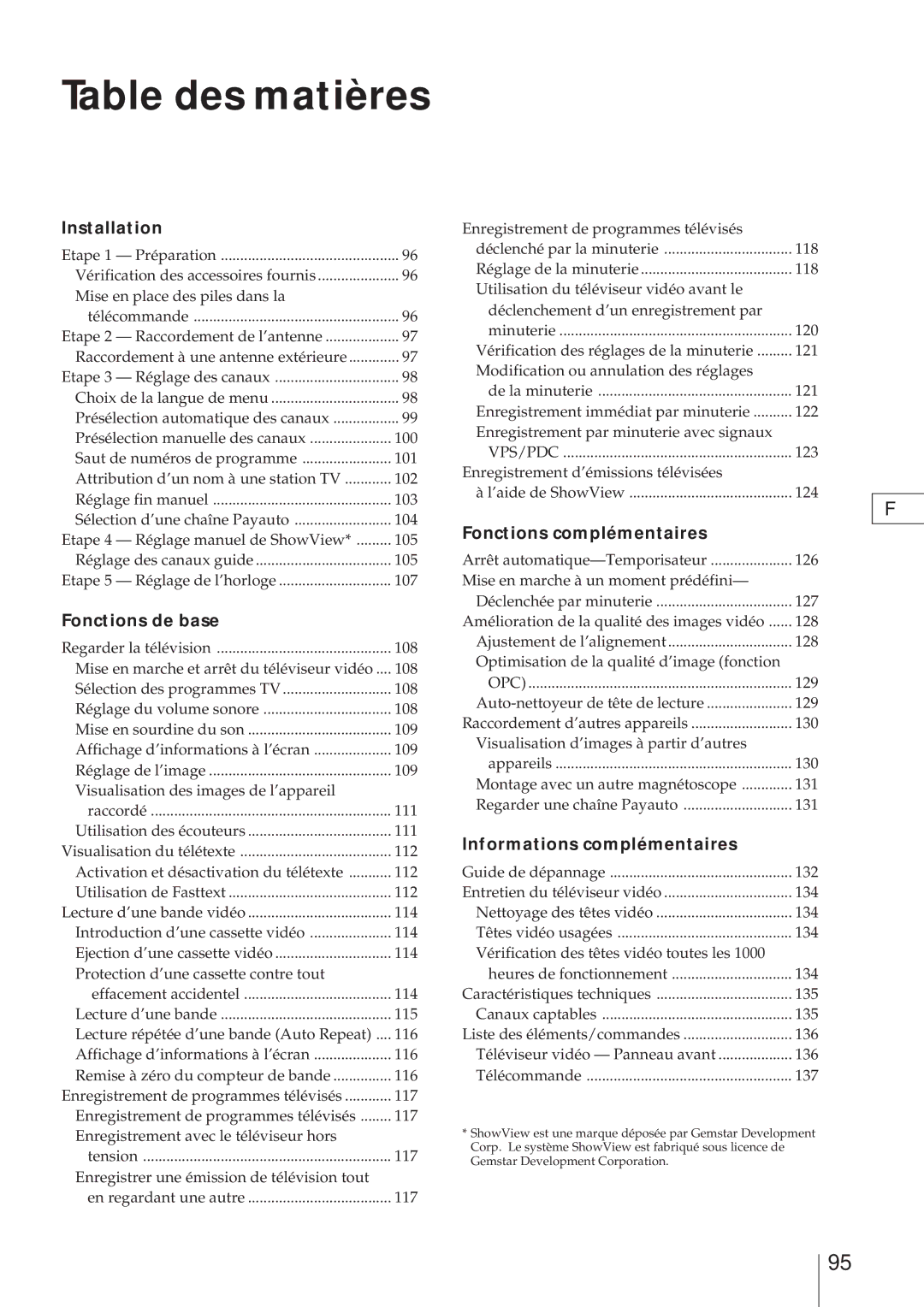 Sony KV-21V4D, KV-V2110D operating instructions Table des matières, Installation 