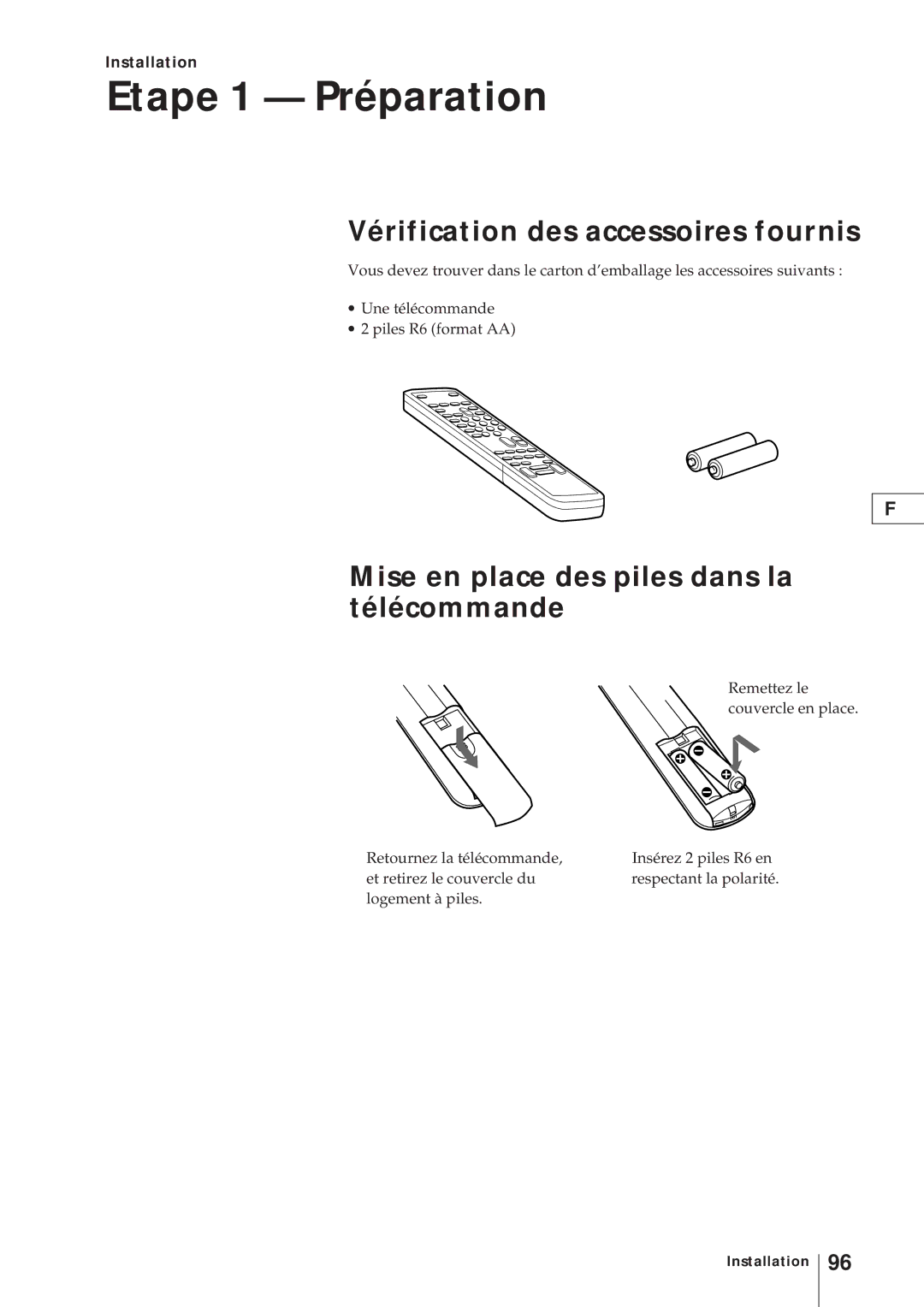 Sony KV-V2110D Etape 1 Préparation, Vérification des accessoires fournis, Mise en place des piles dans la télécommande 