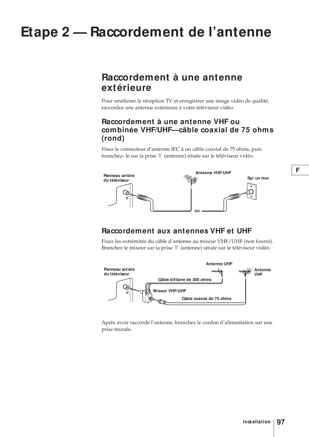 Sony KV-21V4D, KV-V2110D operating instructions Etape 2 Raccordement de l’antenne, Raccordement à une antenne extérieure 